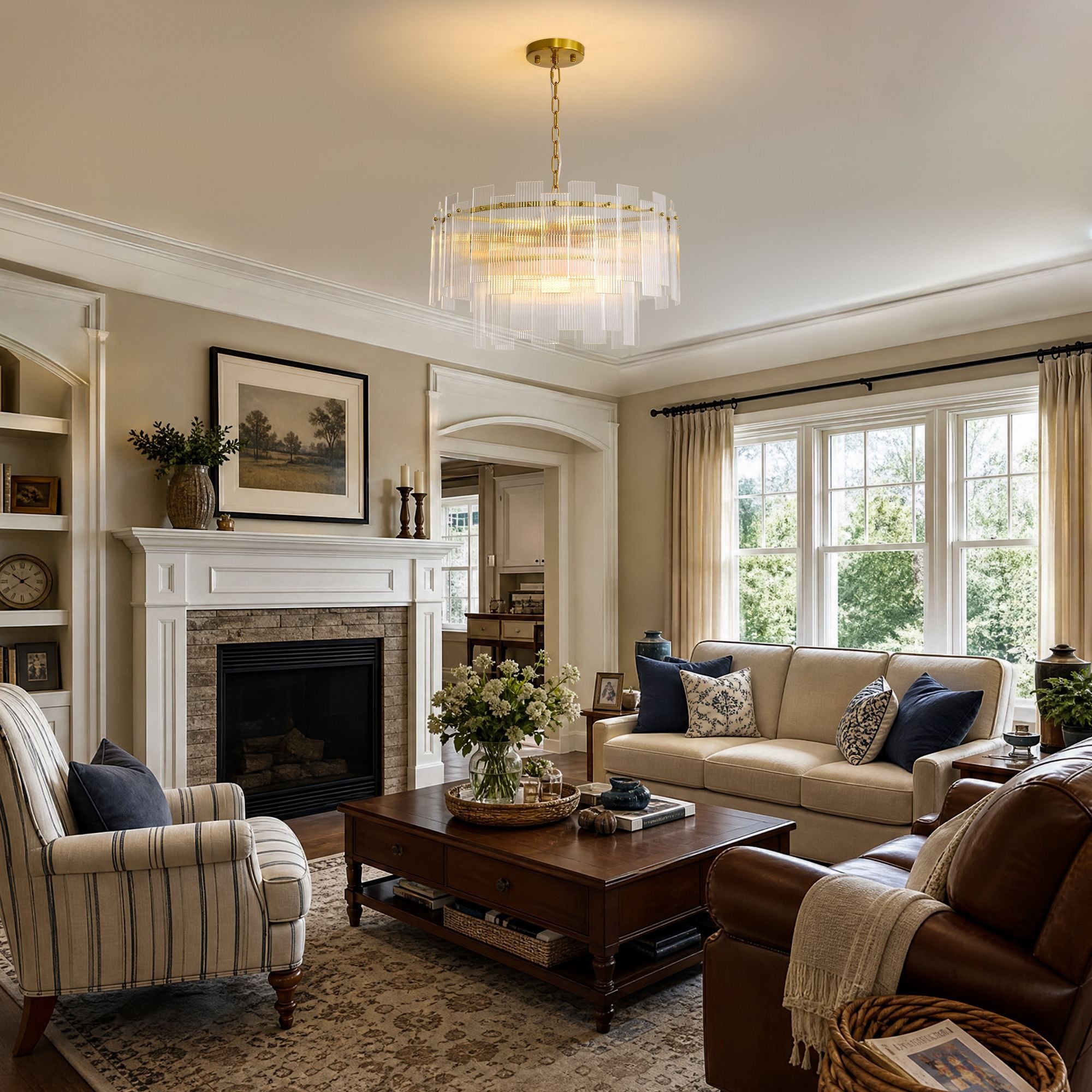 Aerosel Brass Glass Chandelier in cozy living room — beige sofa, leather armchair, fireplace, green curtains, warm ambient light | Sofary Lighting