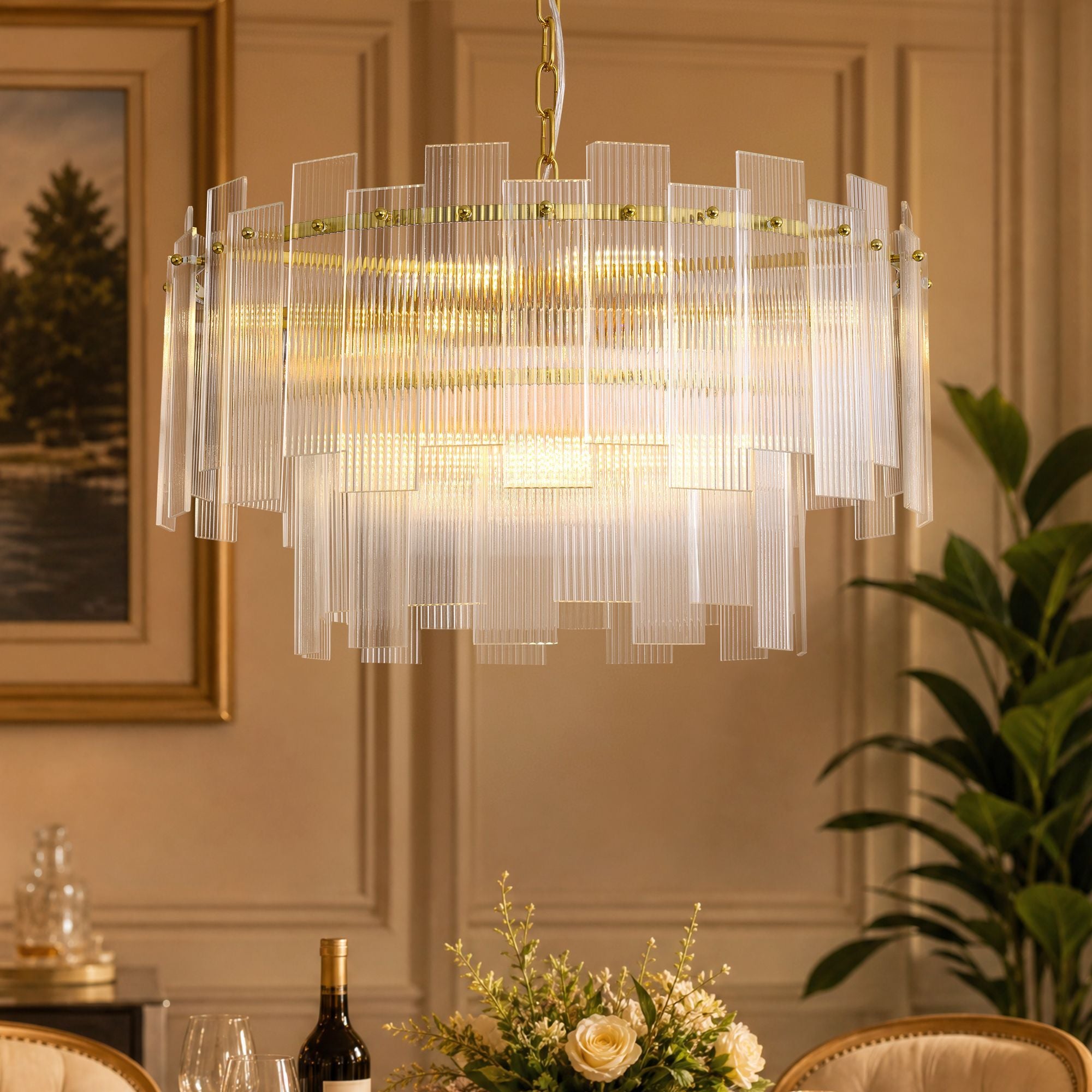 Aerosel Modern Luxury Brass Glass Chandelier — layered glass tubes, polished brass frame, warm ambient glow, elegant dining room setting | Sofary Lighting