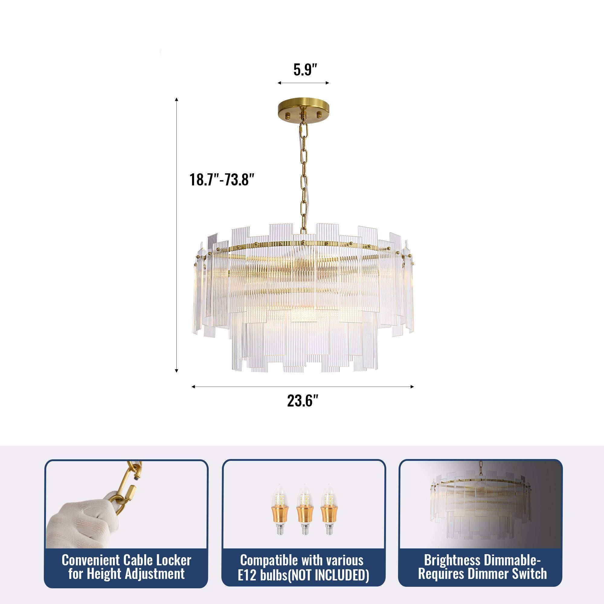 Aerosel Brass Glass Chandelier size diagram — Diameter 23.6", Height adjustable 18.7"-73.8", Chain length 5.9", with features: Cable Locker, E12 bulb compatible, Dimmable (requires dimmer switch) | Sofary Lighting