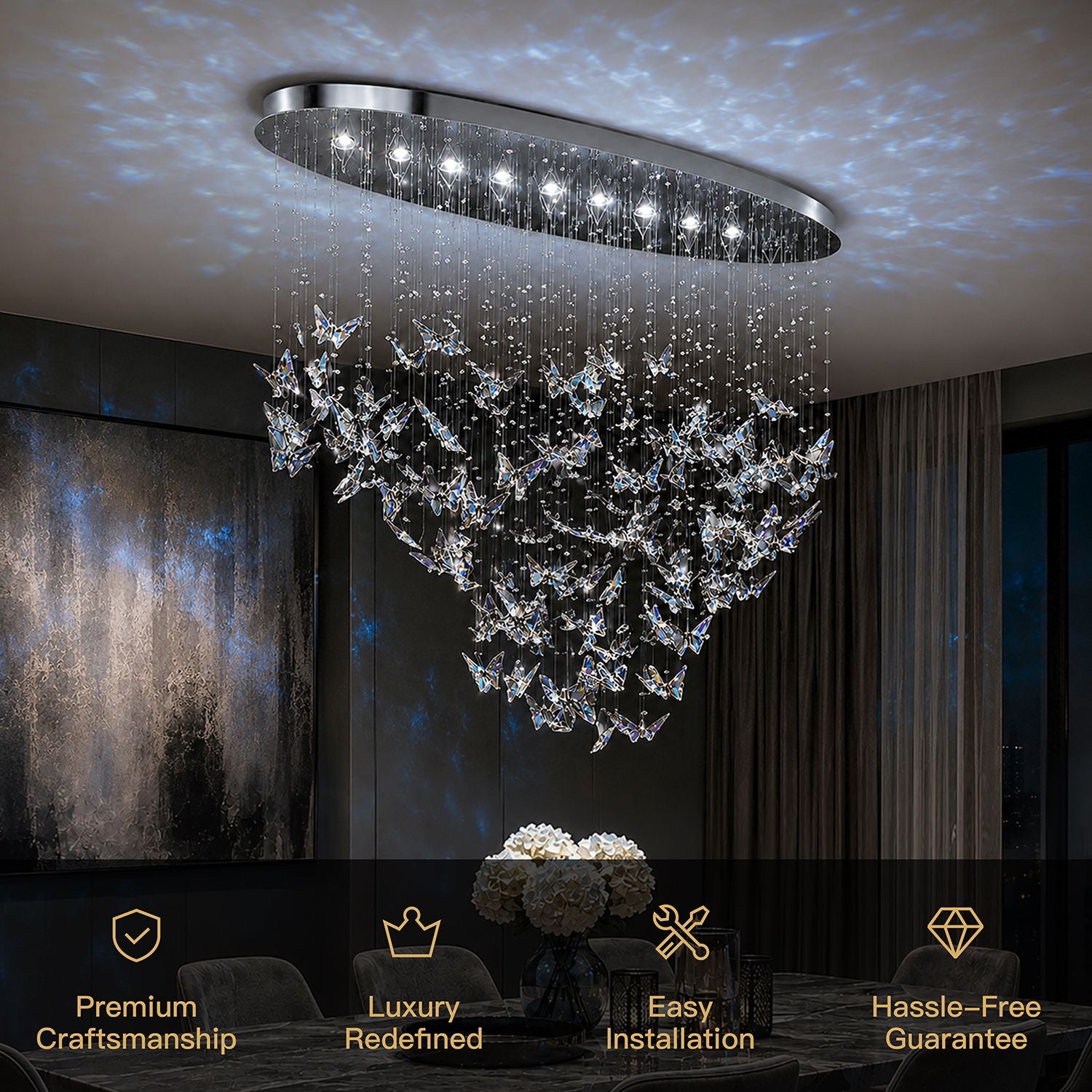 Aerosi Linear Crystal Chandelier key features — Premium Craftsmanship, Luxury Redefined, Easy Installation, Hassle-Free Guarantee for confident purchase | Sofary Lighting