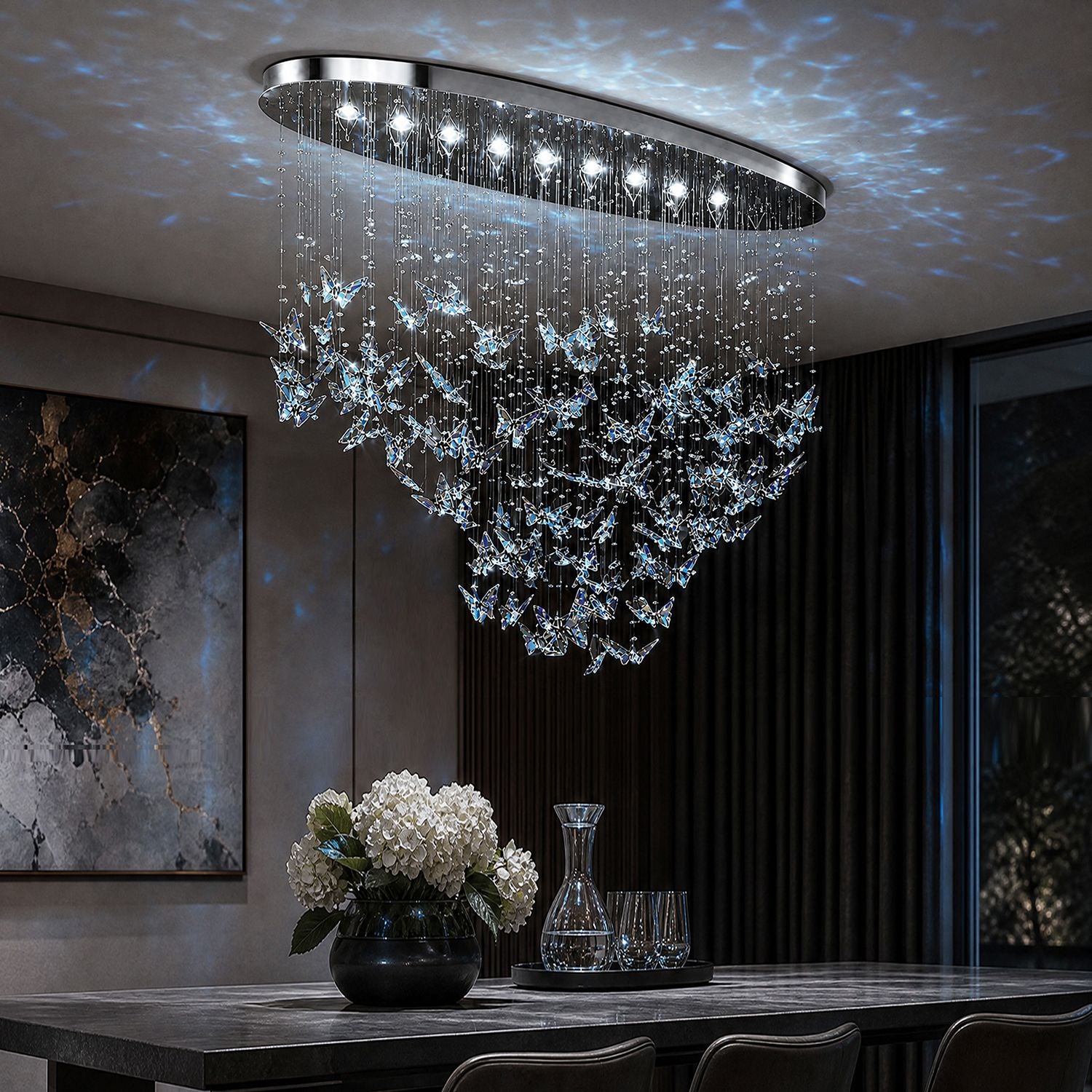 Aerosi Modern Linear K9 Crystal Chandelier — cascading butterfly crystal design, blue aurora projection, dark luxury dining room ambiance, modern statement piece | Sofary Lighting