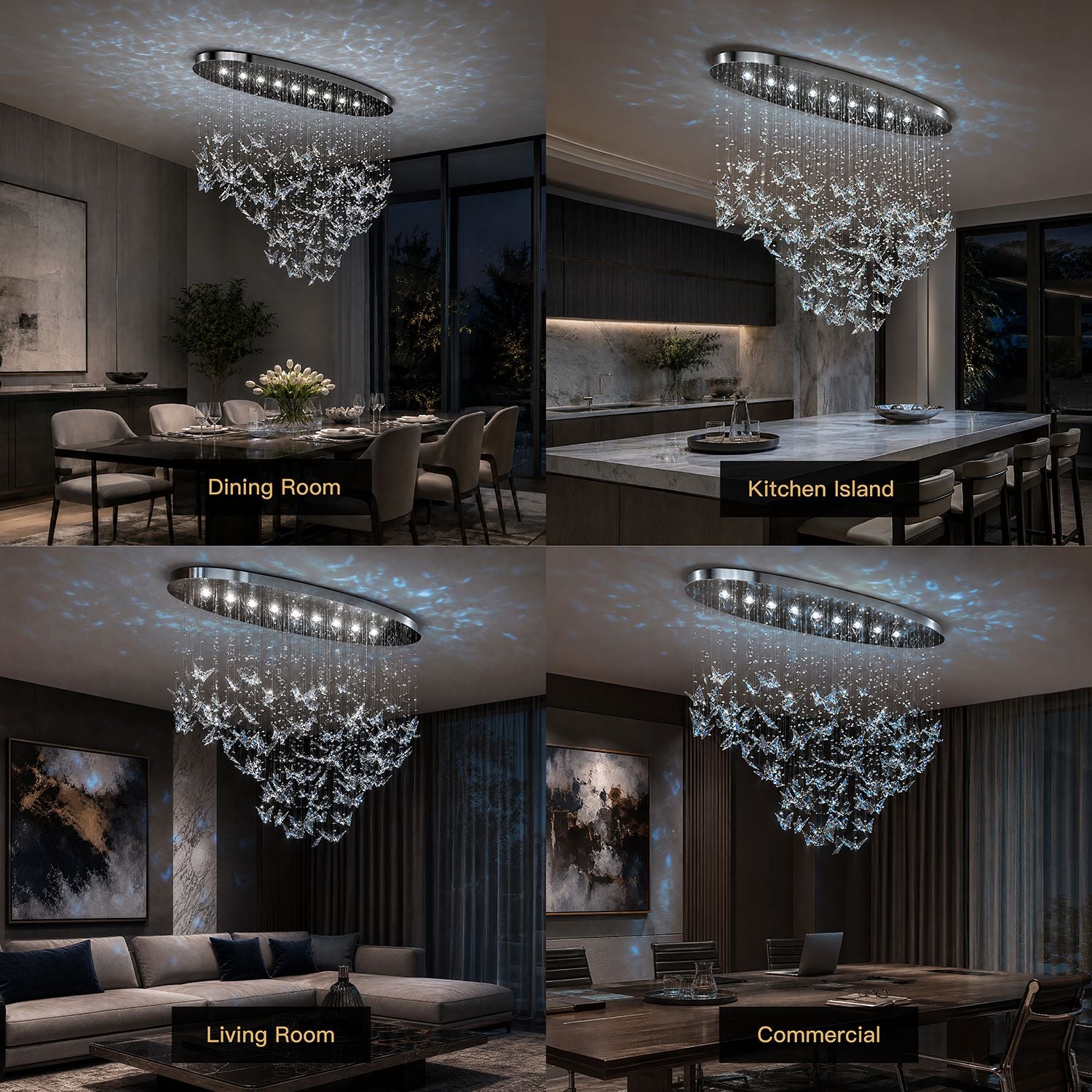 Aerosi Linear Crystal Chandelier in 4 settings — Dining Room, Kitchen Island, Living Room, Commercial Space — versatile modern luxury for any interior | Sofary Lighting