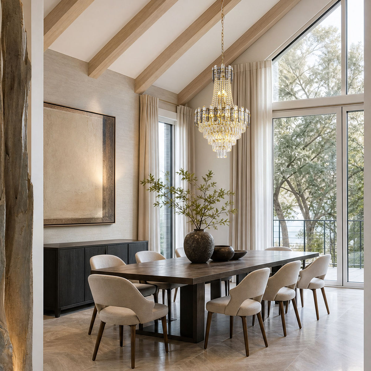 Aerospect Beaded Crystal Chandelier in dining room — long wood table, beige upholstered chairs, vaulted ceiling with beams, large windows, warm glowing crystal tiers | Sofary Lighting
