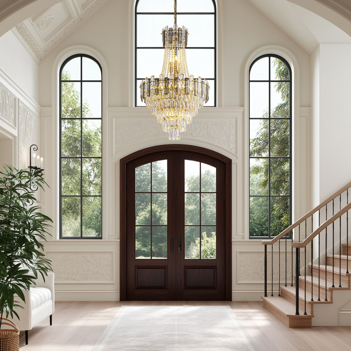 Aerospect Crystal Chandelier in elegant foyer — arched double doors, tall windows, curved staircase, white wainscoting, grand tiered beaded crystal pendant light | Sofary Lighting