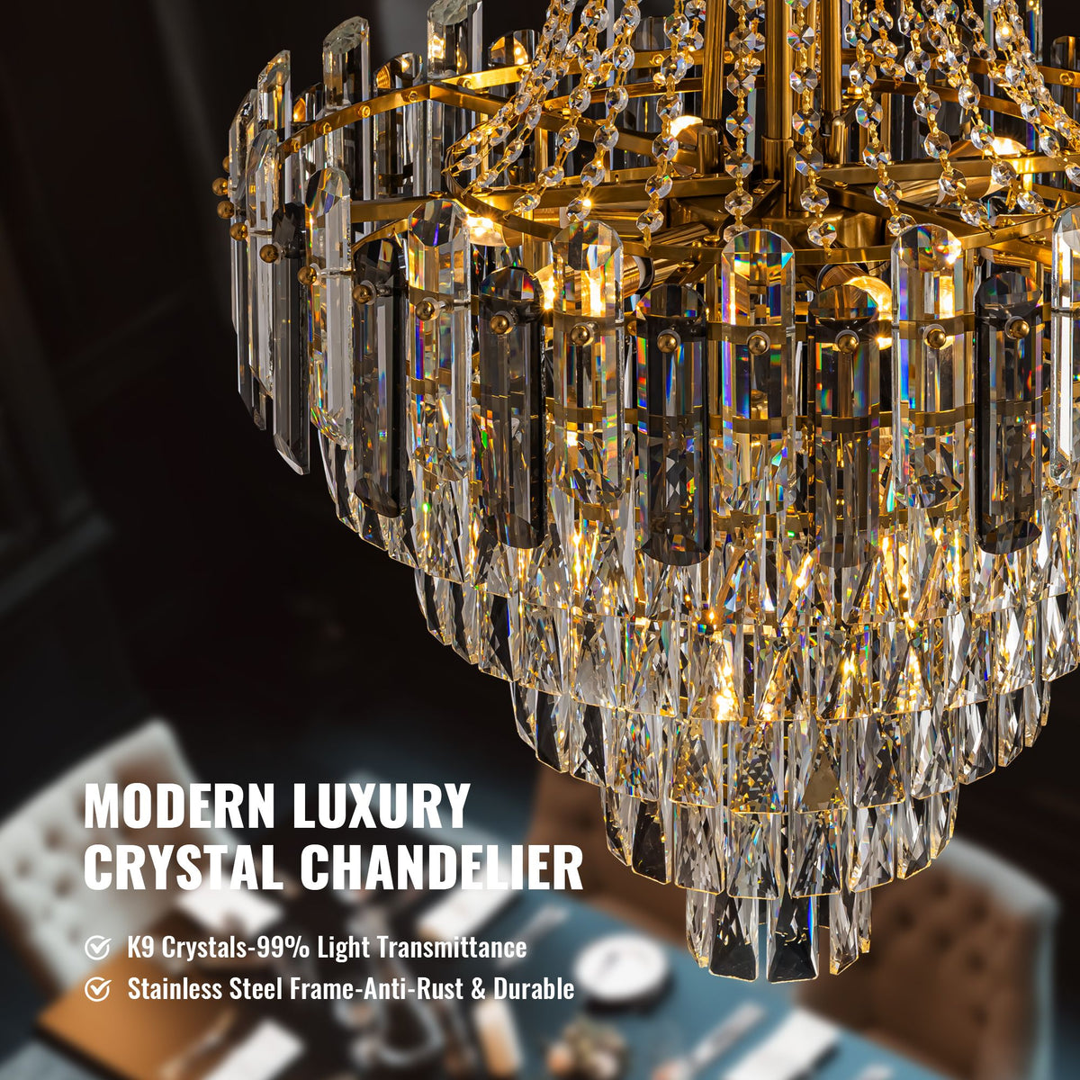 Aerospect Modern Luxury Crystal Chandelier detail — K9 crystals 99% light transmittance, stainless steel gold frame anti-rust and durable, cascading beaded crystal tiers, premium craftsmanship | Sofary Lighting