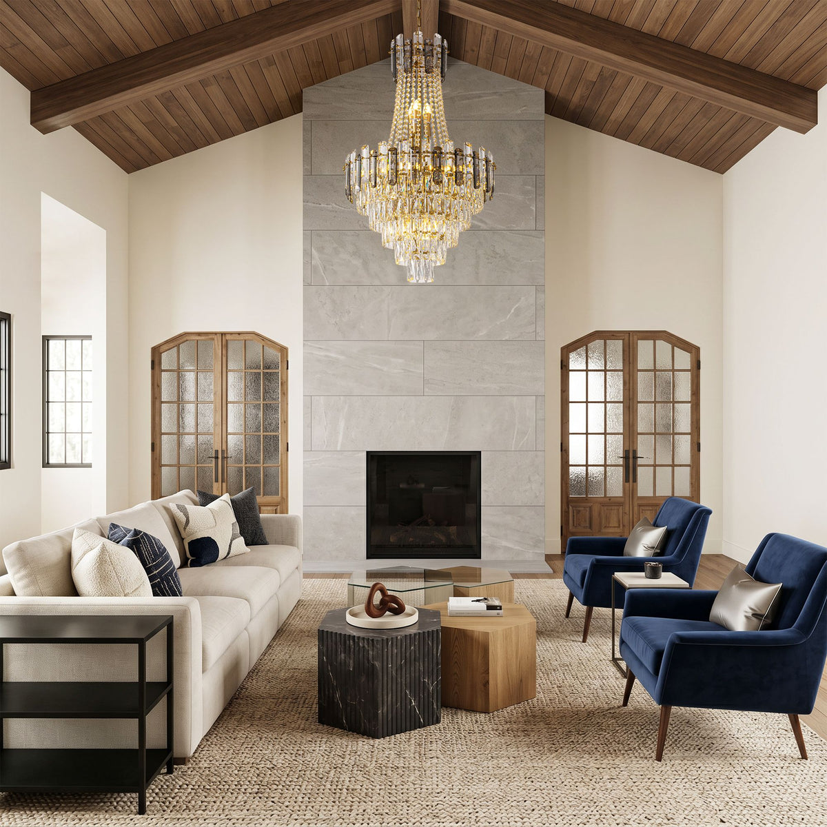 Aerospect Grand Crystal Chandelier in vaulted living room — stone fireplace, wood beam ceiling, beige sofa, blue velvet chairs, cascading crystal prisms, cozy luxury | Sofary Lighting