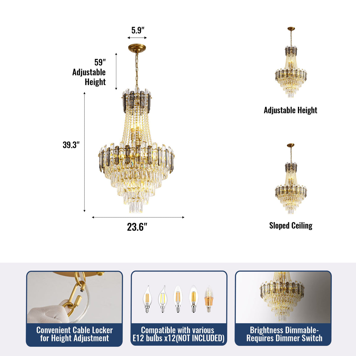 Aerospect Luxury Grand Beaded Crystal Chandelier dimensions — W 23.6" (60cm), fixture height 39.3" (100cm), adjustable height up to 59" (150cm), 5.9" canopy, sloped ceiling compatible. E12 bulbs x12 (not included), brightness dimmable requires dimmer switch, cable locker for height adjustmentAerospect Luxury Grand Beaded Crystal Chandelier dimensions | Sofary Lighting