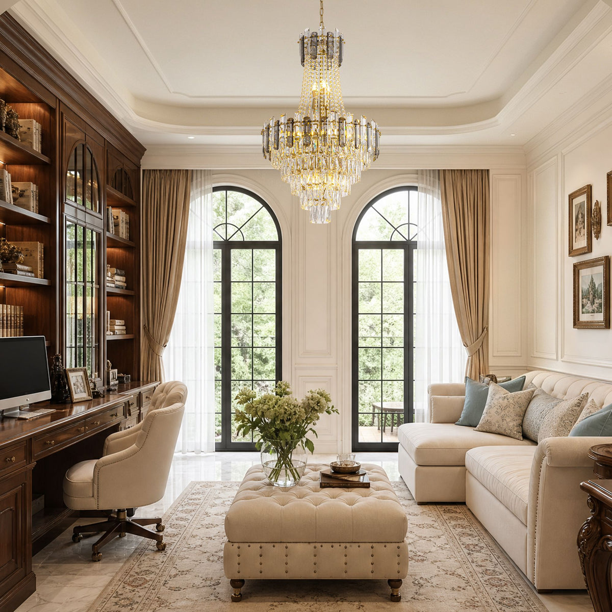 Aerospect Beaded Chandelier in home office/study — dark wood bookshelf and desk, beige sofa, arched windows with curtains, warm crystal glow, luxury study decor | Sofary Lighting