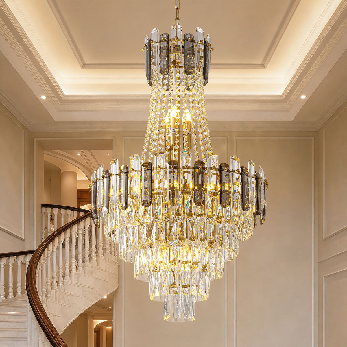 Aerospect Luxury Grand Beaded Crystal Chandelier — tiered gold frame, cascading clear & smoky K9 crystal beads and prisms, candle-style lights, elegant curved staircase background, modern luxury pendant | Sofary Lighting