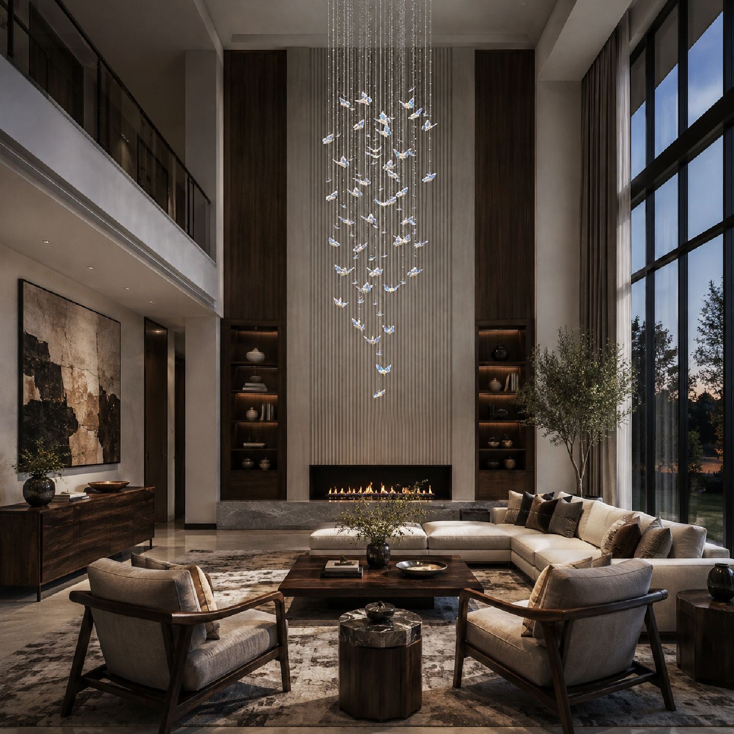 Aerosus Waterfall Chandelier glowing in a high-ceiling living room with L-shaped sofa, abstract wall art, and floor-to-ceiling windows — luxury meets light | Sofary Lighting