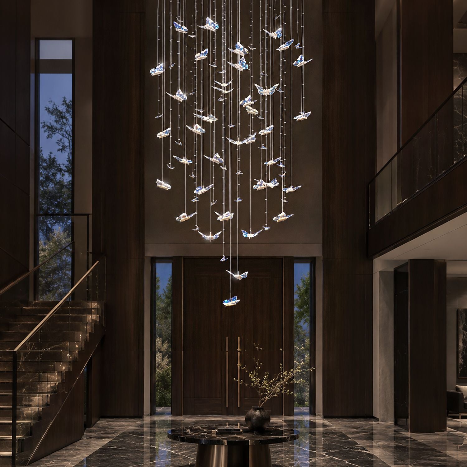 Aerosus Grand Foyer K9 Crystal Waterfall Chandelier — cascading butterfly-like prisms, warm golden glow, dramatic statement piece for double-height entryways and luxury homes | Sofary Lighting