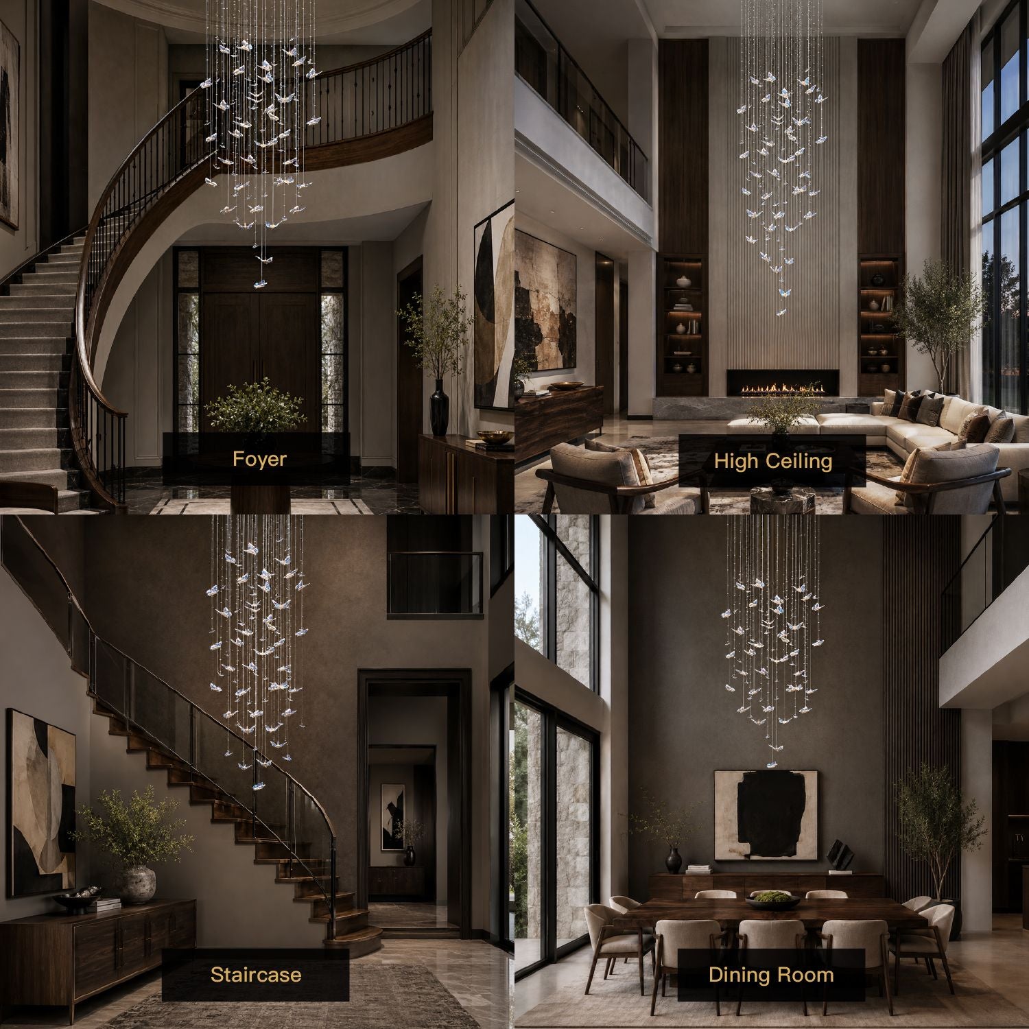 Aerosus Crystal Waterfall Chandelier in 4 luxury settings: Grand Foyer, High Ceiling Living Room, Spiral Staircase, Formal Dining Room — versatile elegance for modern estates | Sofary Lighting