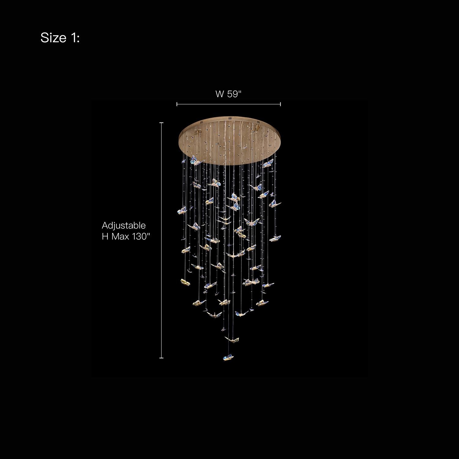59" wide cascading butterfly chandelier with adjustable height up to 130", perfect for high ceilings and grand foyers. K9 crystal wings, gold-tone metal frame, 12-light fixture | Sofary Lighting