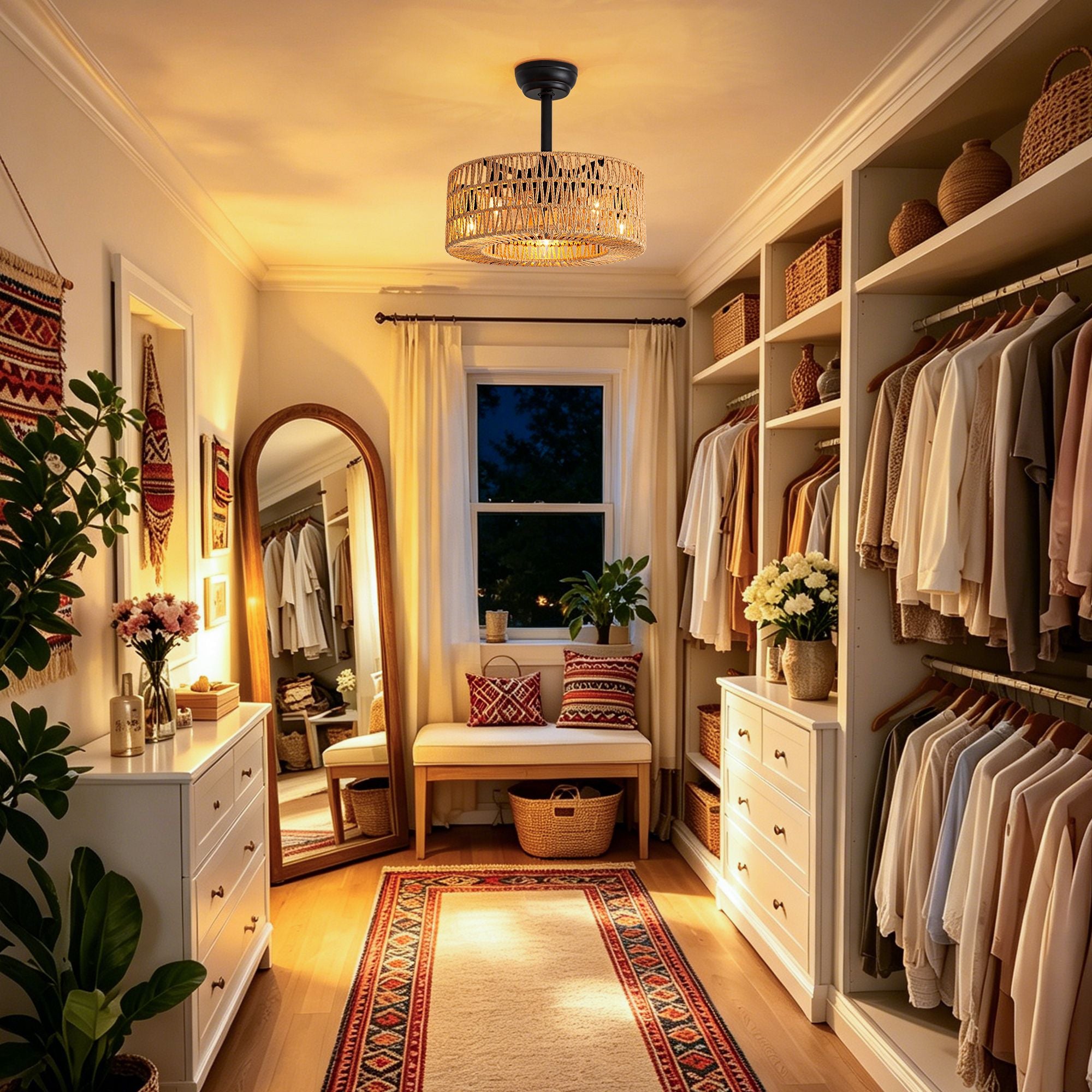 Stylish walk-in closet with farmhouse ceiling fan, bright illumination, organized storage | Sofary Lighting