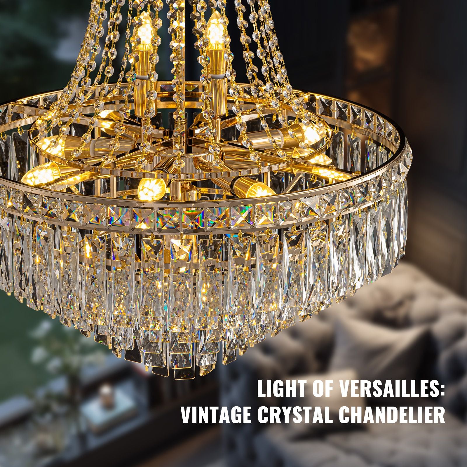 Aerova chandelier extreme close-up — precision-cut K9 crystal prisms, gold-plated metal frame, light refraction, hand-assembled luxury craftsmanship