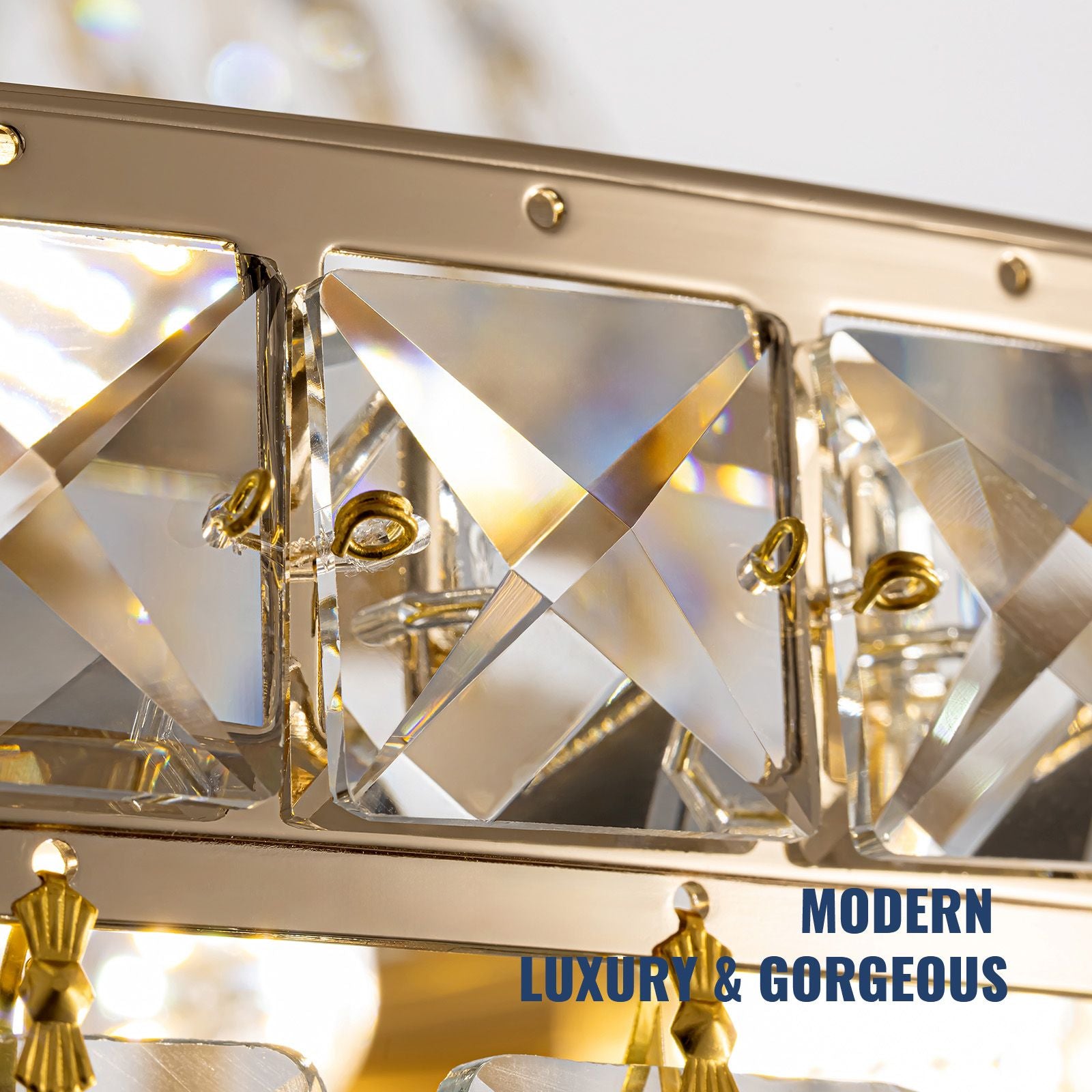 Aerova chandelier top hardware detail — polished gold canopy, secure chain mount, E12 bulb sockets, premium construction for high ceiling installations