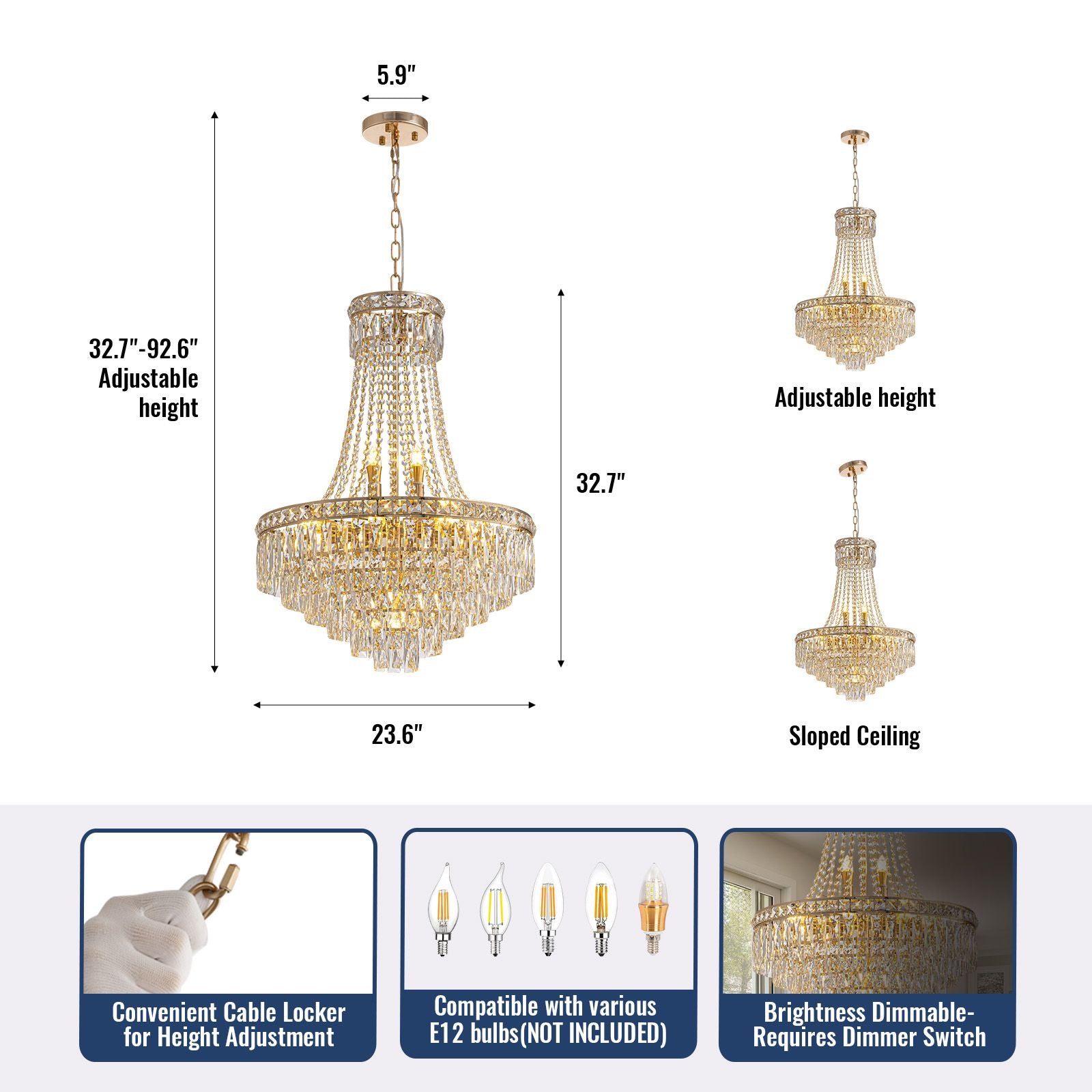 Aerova 12-light K9 crystal chandelier dimensions — 32.7"-92.6" adjustable height, 23.6" diameter, fits sloped ceilings, ideal for 2-story foyers and stairwells