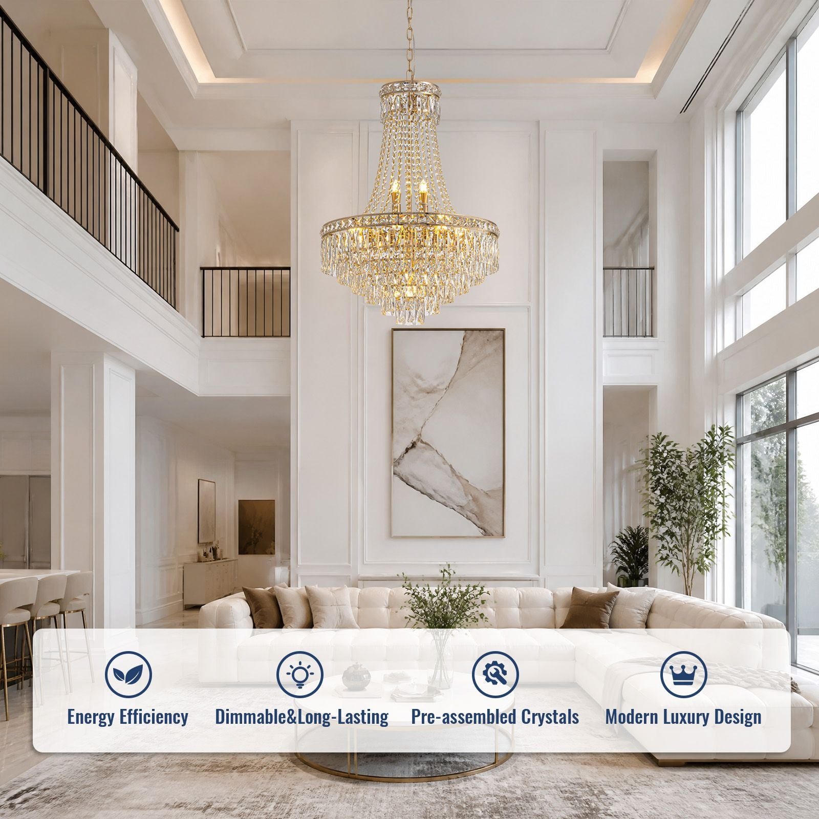 Aerova chandelier key features — energy efficient, dimmable & long-lasting, pre-assembled crystals, modern luxury design, gold tone, 12-light fixture for high ceilings