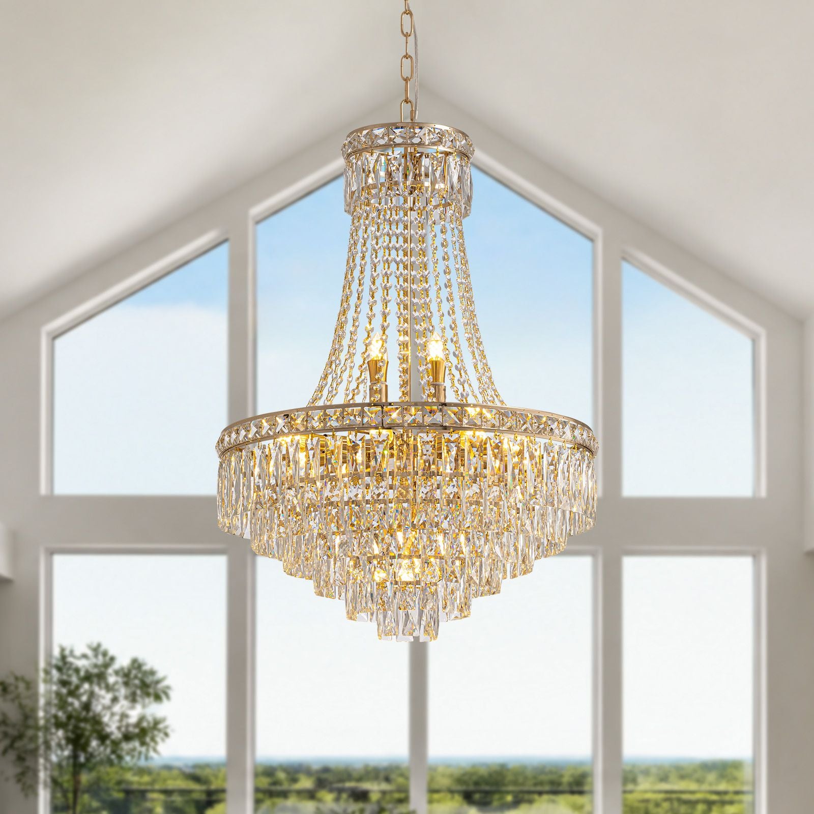 Aerova chandelier glowing under vaulted skylight — panoramic garden view, white walls, arched windows, serene luxury living space with crystal reflection