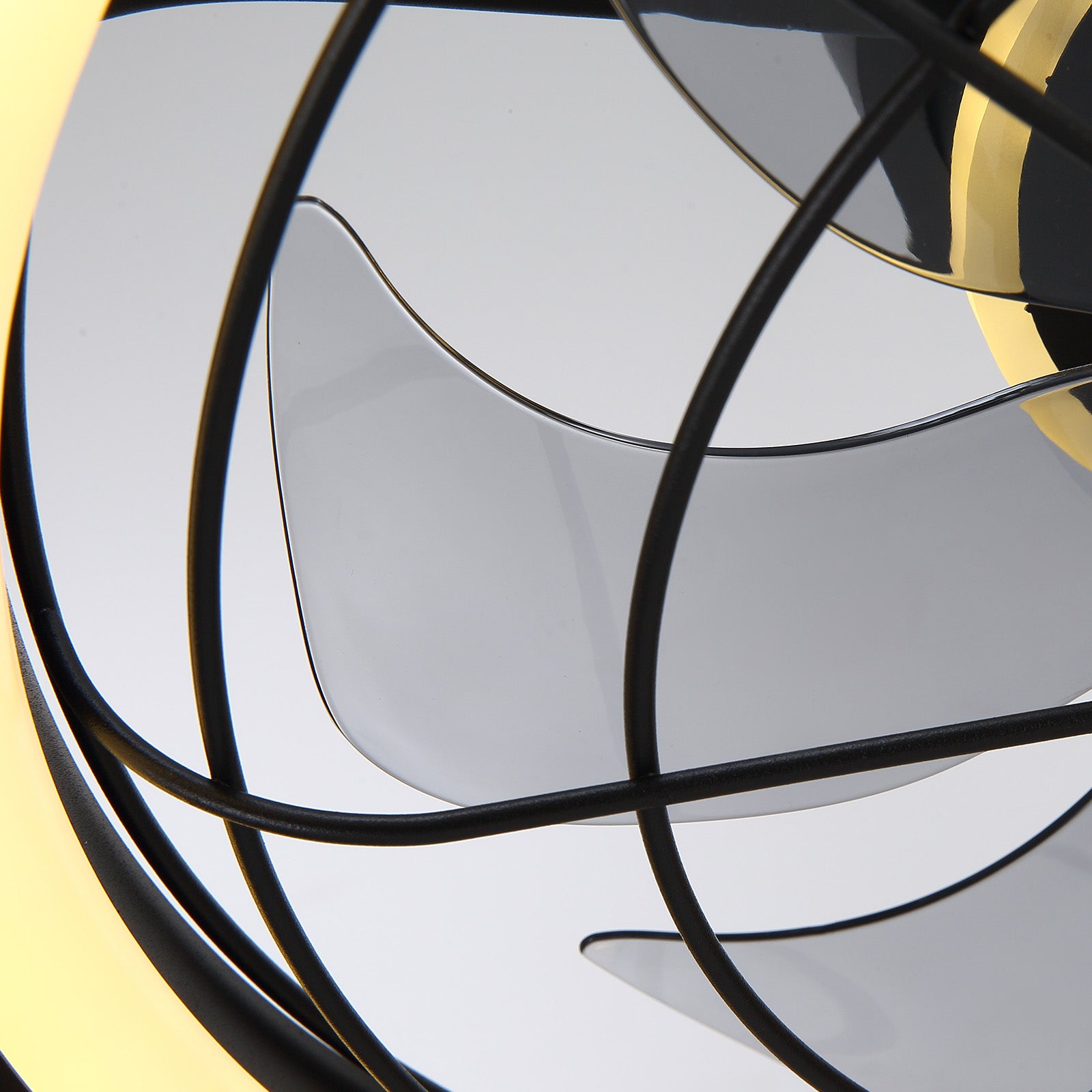 Aerox Fan Blade & Cage Detail — aerodynamic ABS blades, safety cage design, seamless LED integration, modern farmhouse aesthetic with industrial edge | Sofary Lighting