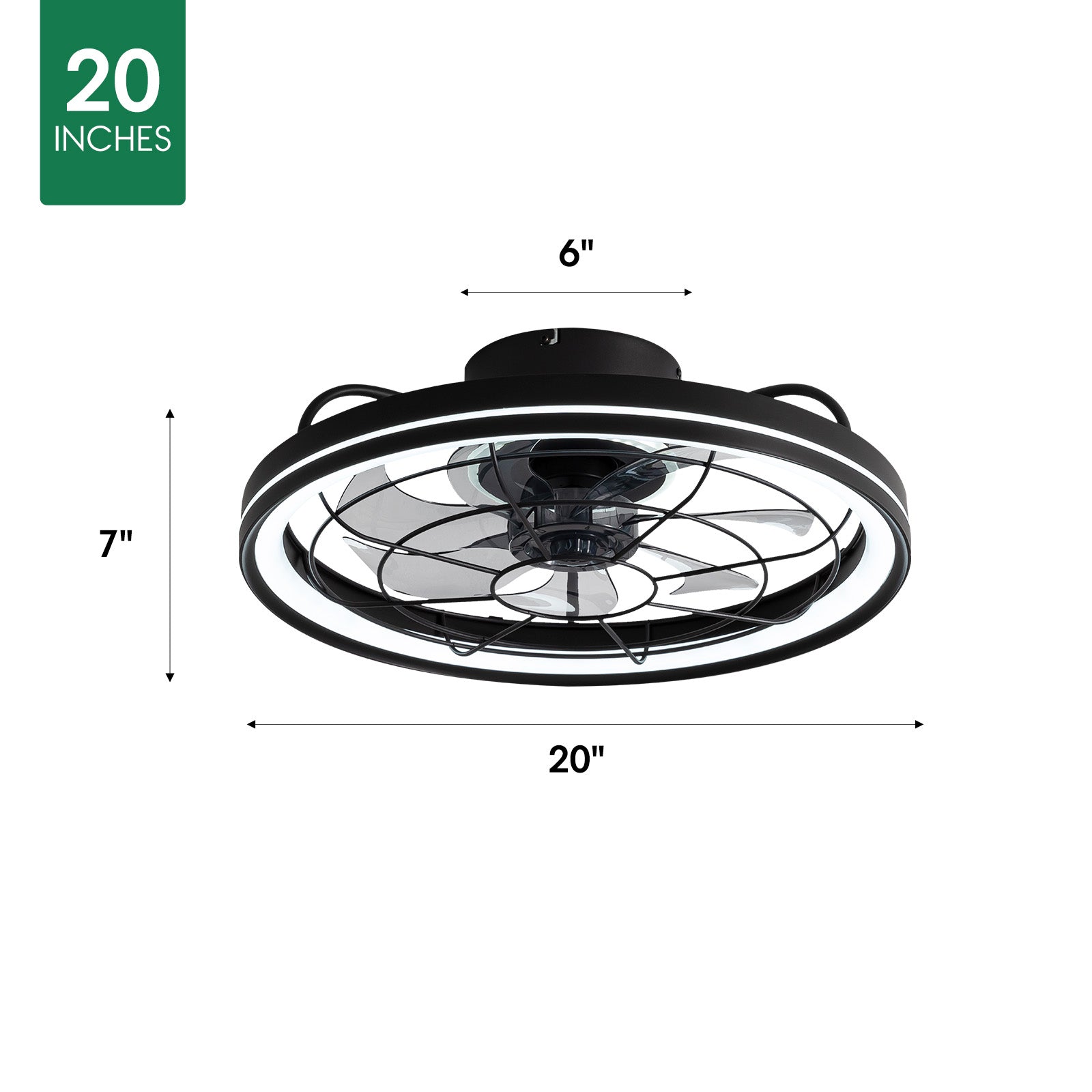 Aerox 20" Caged Ceiling Fan Dimensions — 20" diameter, 7" height, ideal for rooms 100–200 sq ft, recommended ceiling height 8–10 ft | Sofary Lighting