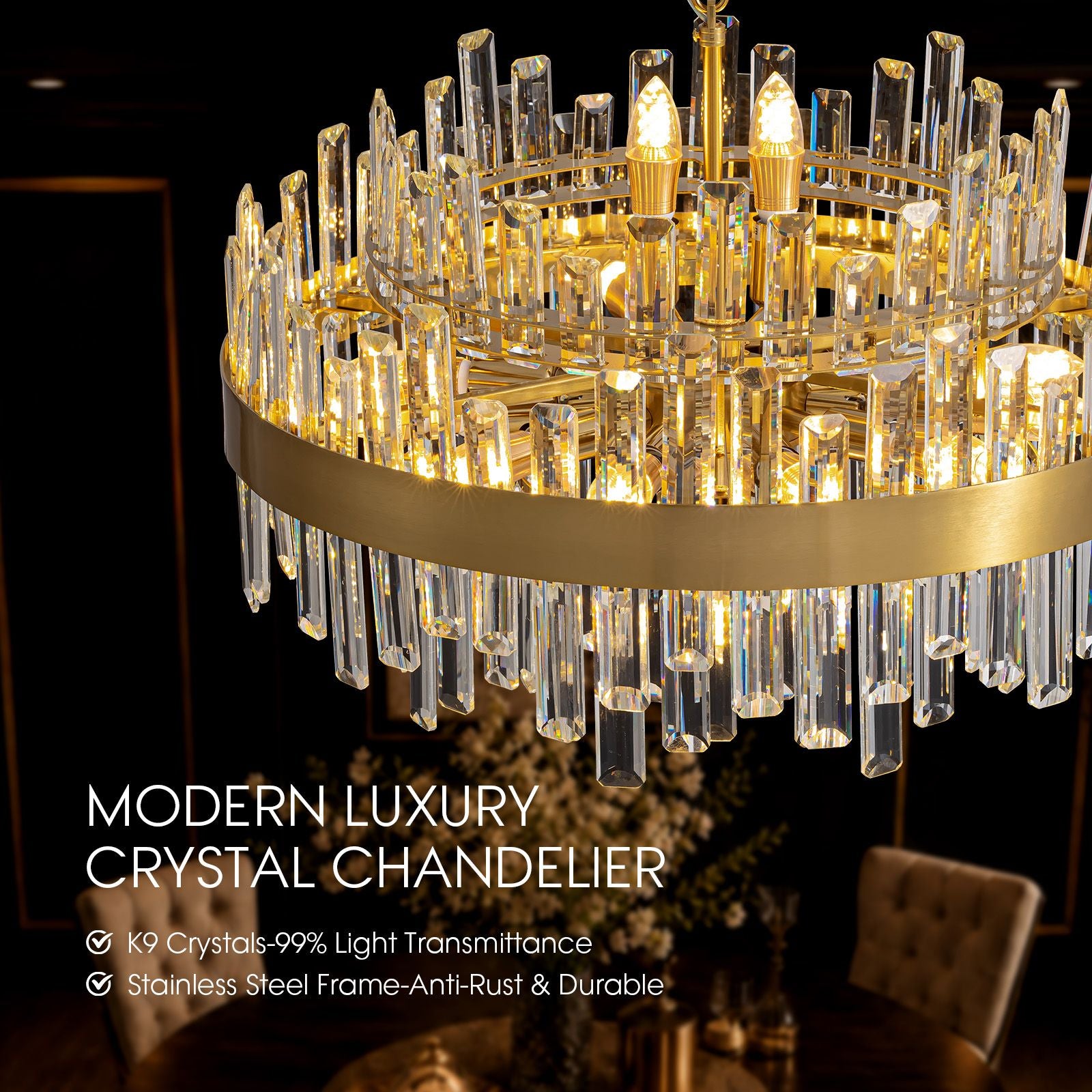 Aeroz Modern Luxury Crystal Chandelier detail — K9 crystals with 99% light transmittance, stainless steel anti-rust durable frame, radiant gold interior glow | Sofary Lighting