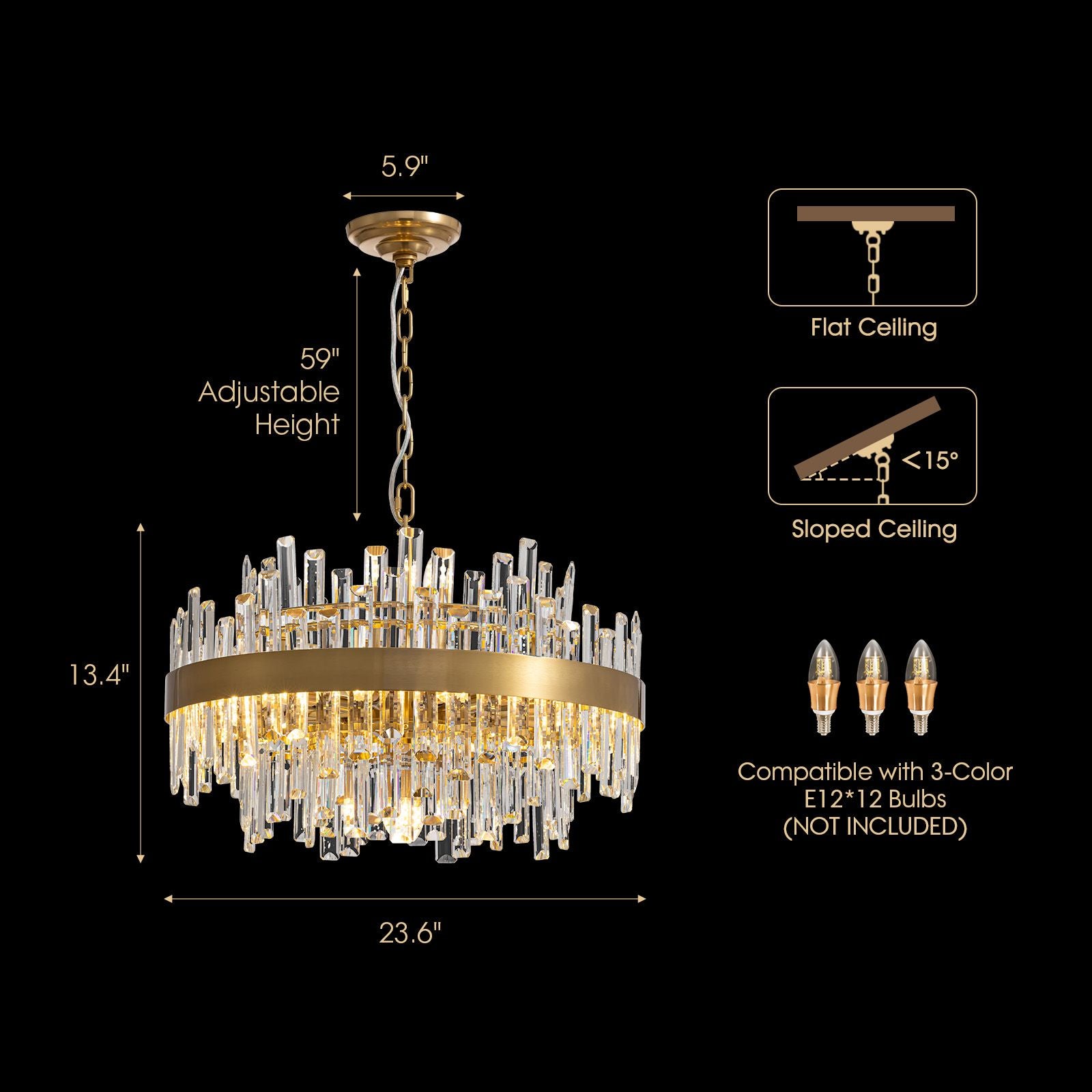 Aeroz Gold Crystal Chandelier dimensions — Diameter 23.6", Height 13.4", canopy 5.9", 59" adjustable chain, fits flat and sloped ceiling (<15°), compatible with 3-color E12 * 12 bulbs (not included) | Sofary Lighting