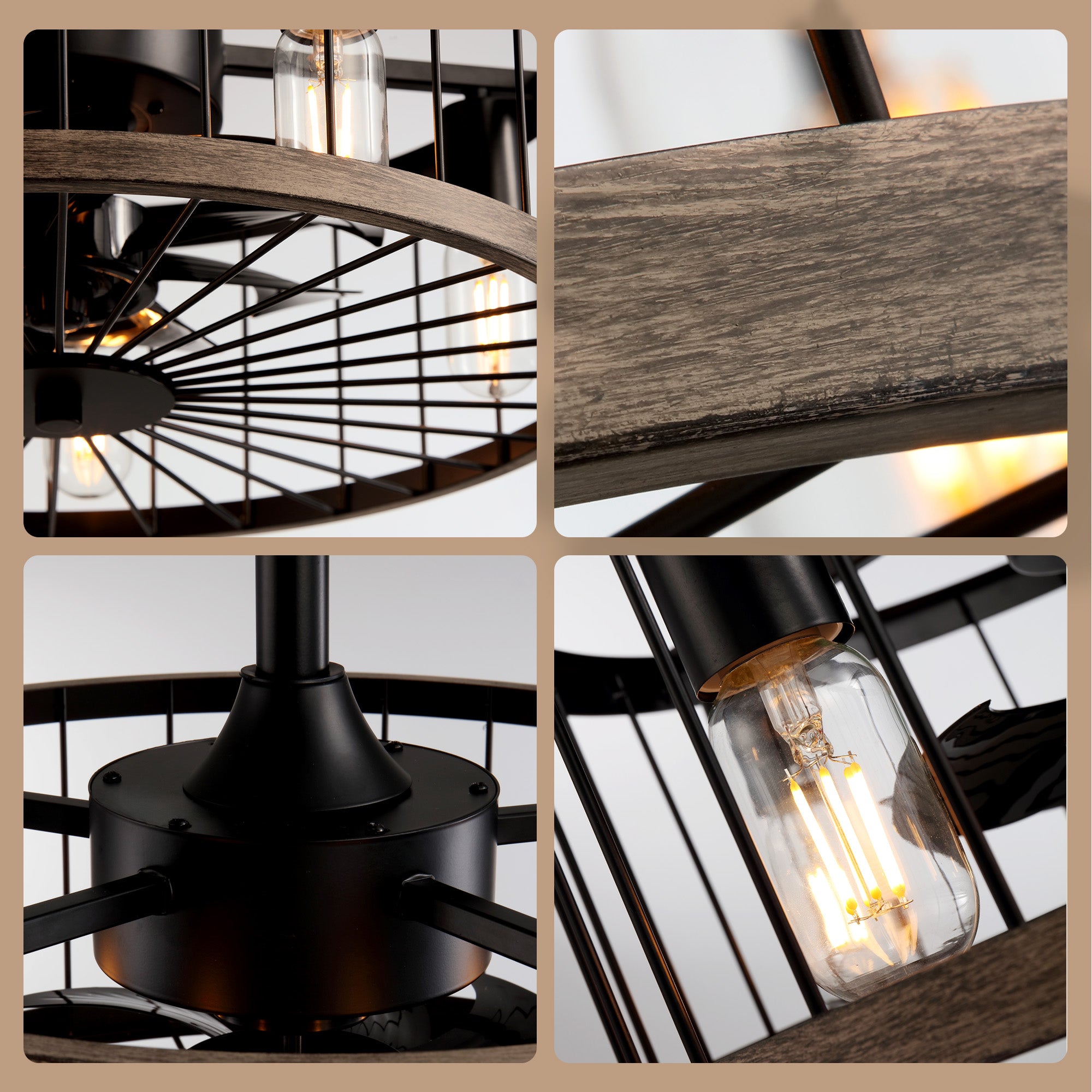 Aerozen close-up detail — black metal drum cage, vintage Edison filament bulbs, wooden grain ring, remote control, blend of industrial and farmhouse craftsmanship | Sofary Lighting