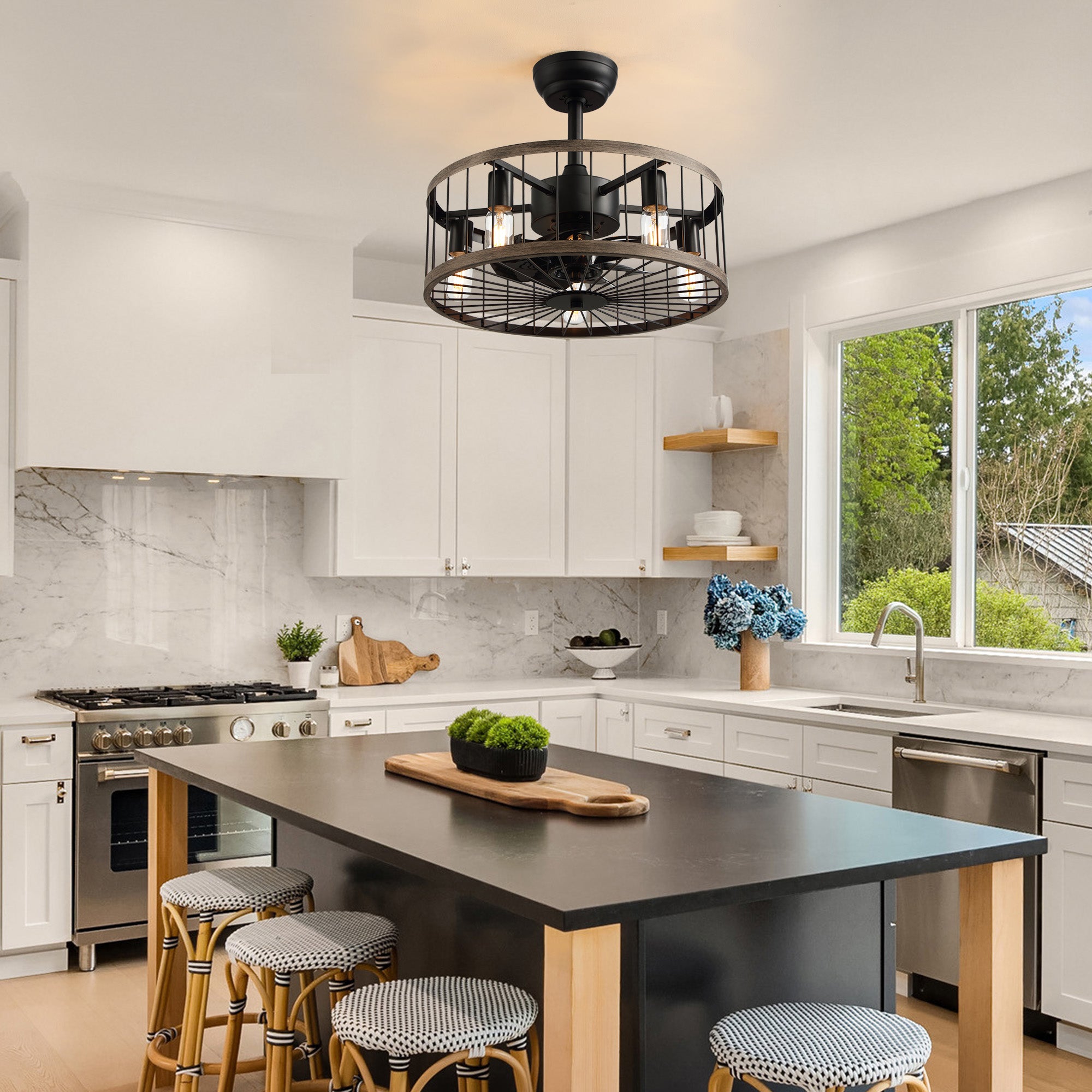 Aerozen caged ceiling fan in modern kitchen — marble island, rattan bar stools, stainless steel appliances, natural light, efficient airflow over cooking area | Sofary Lighting