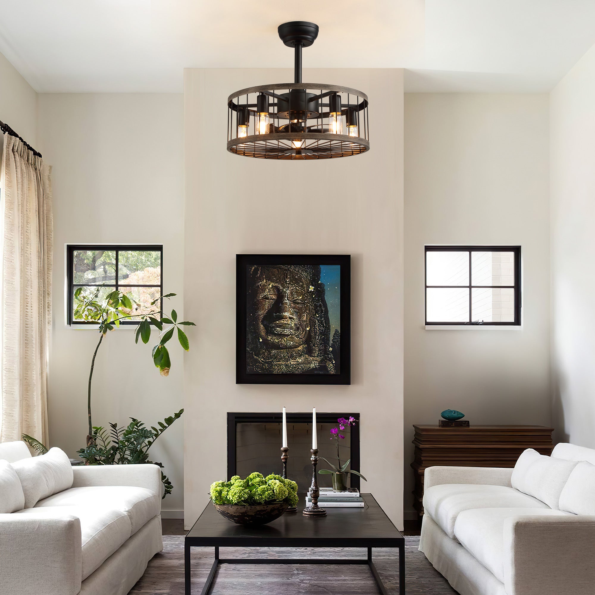 Aerozen caged ceiling fan in modern living room — black metal drum cage, Edison bulbs, brick fireplace, abstract art, cozy farmhouse industrial ambiance | Sofary Lighting