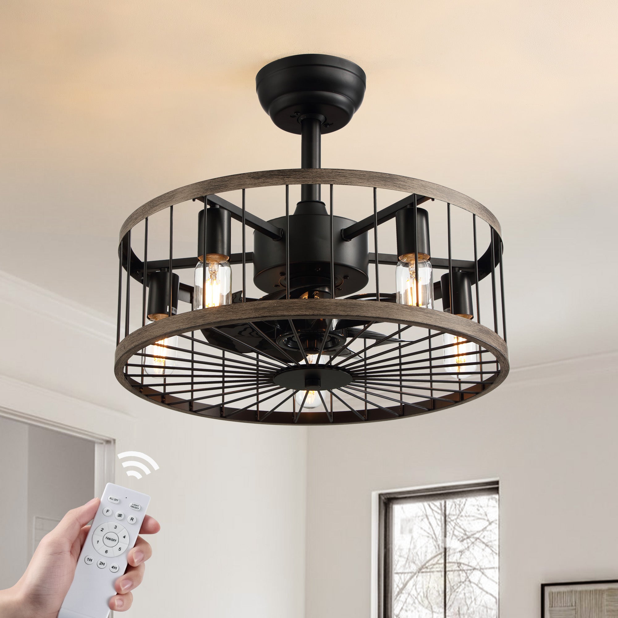 Aerozen 20" Modern Farmhouse Drum Caged Ceiling Fan with Light — black metal cage, Edison bulbs, remote control, industrial vintage style for bedroom living room kitchen | Sofary Lighting