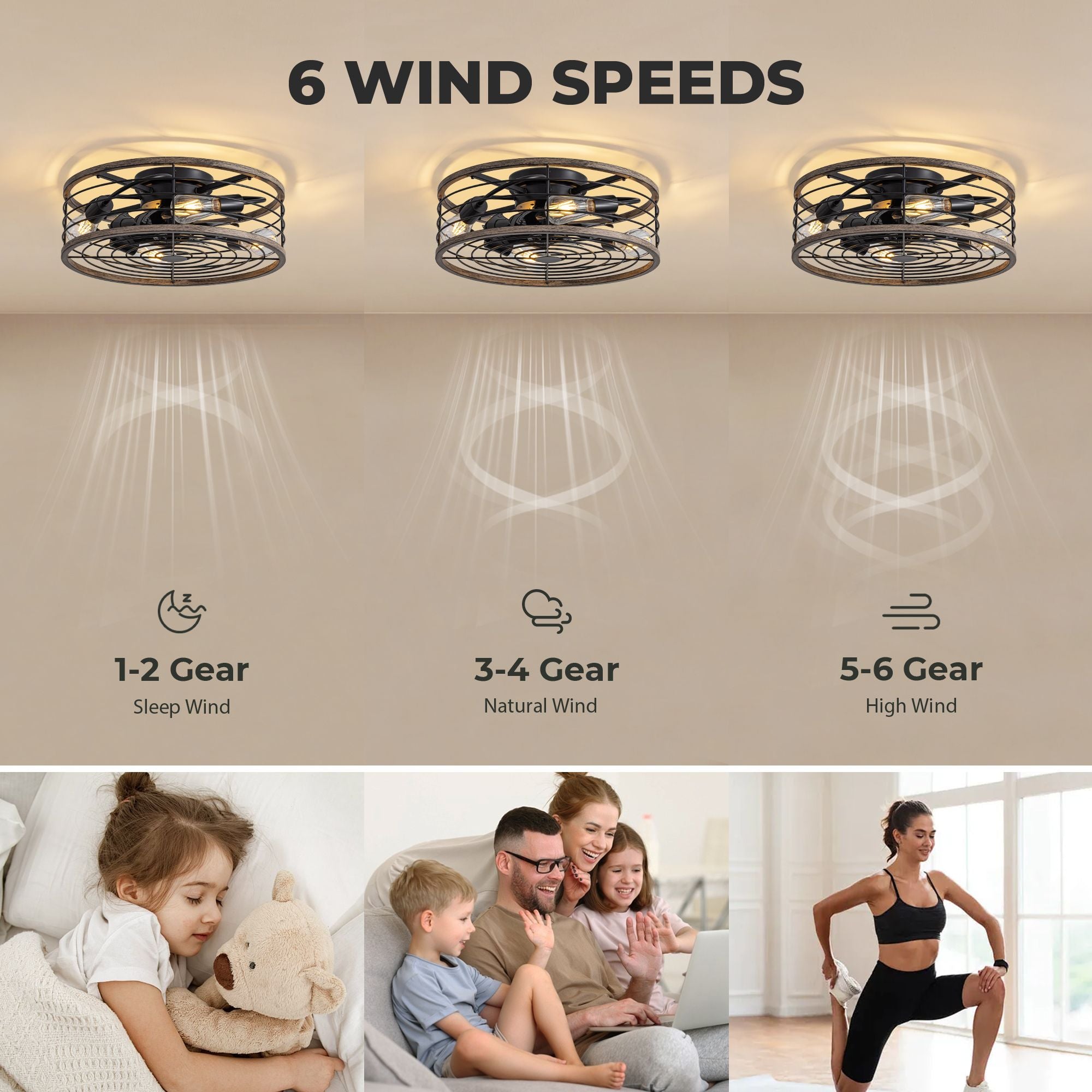 Aerux 6 wind speeds — Gear 1-2 Sleep Wind for peaceful rest, Gear 3-4 Natural Wind for family time, Gear 5-6 High Wind for active movement, customizable comfort | Sofary Lighting
