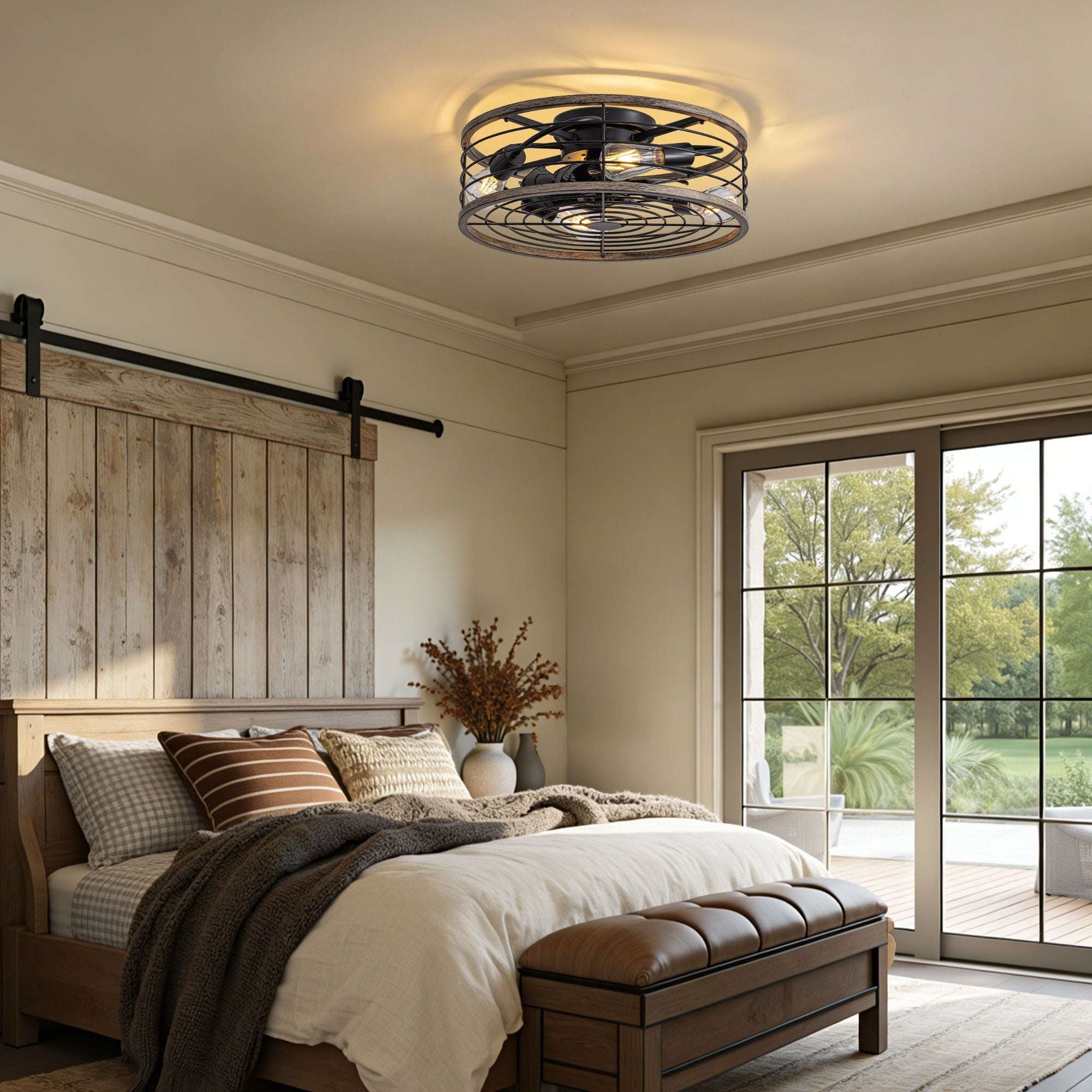 Aerux light blue ceiling fan in farmhouse bedroom — dark wood bed, plaid and striped pillows, sliding barn door, bedside dried flowers, quiet operation for restful sleep | Sofary Lighting