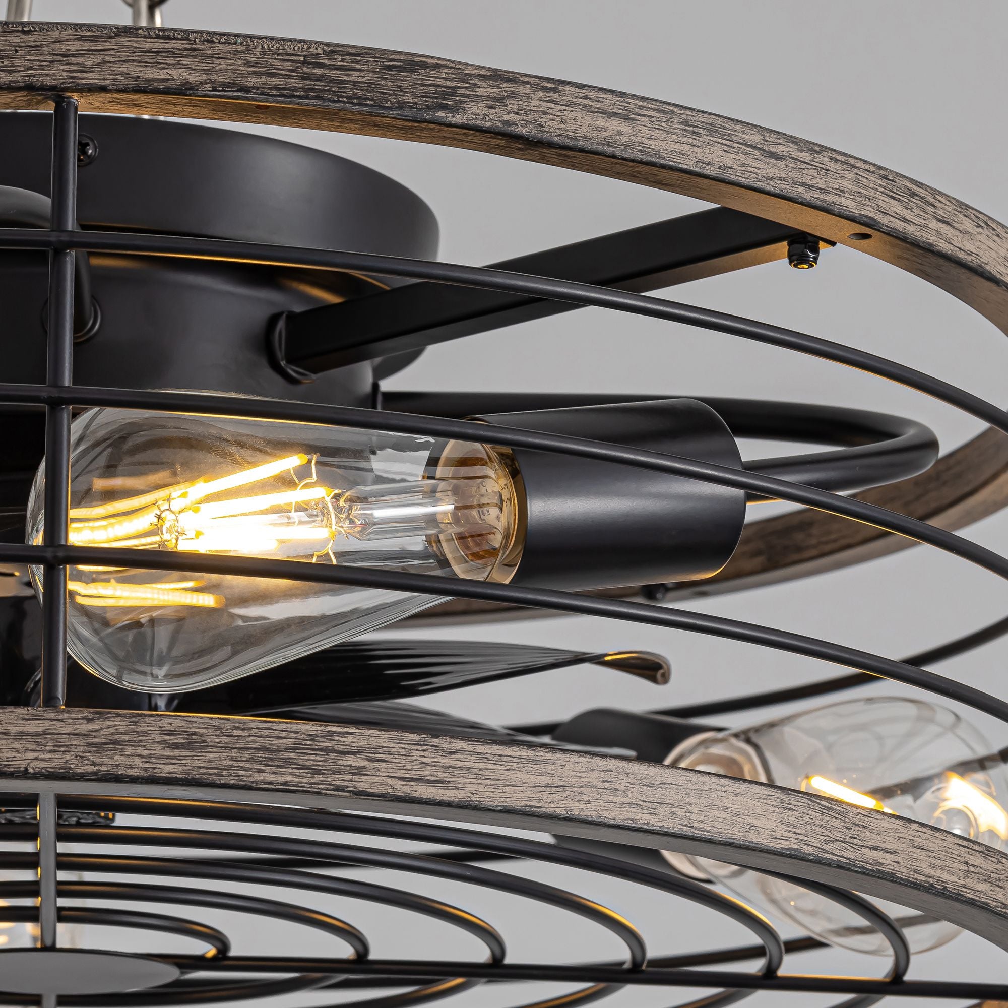 Aerux close-up detail — light blue metal cage, vintage Edison filament bulbs, wooden grain accent ring, color-changing LED, blend of farmhouse charm and industrial craftsmanship | Sofary Lighting