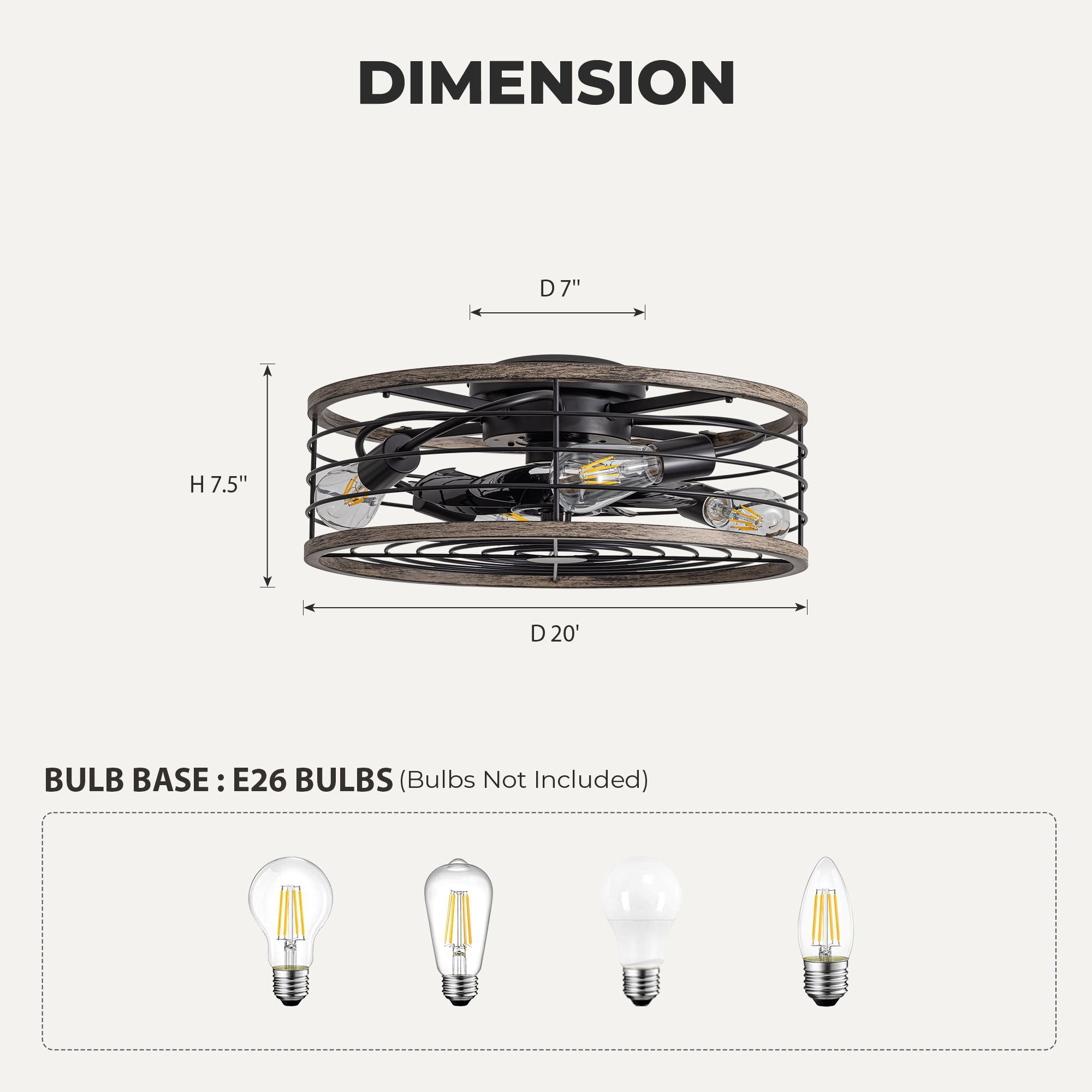 Aerux 20" ceiling fan dimensions — 20" diameter, 7.5" height, 7" canopy, E26 bulb base (bulbs not included), suitable for flat or sloped ceilings, perfect for small to medium rooms | Sofary Lighting