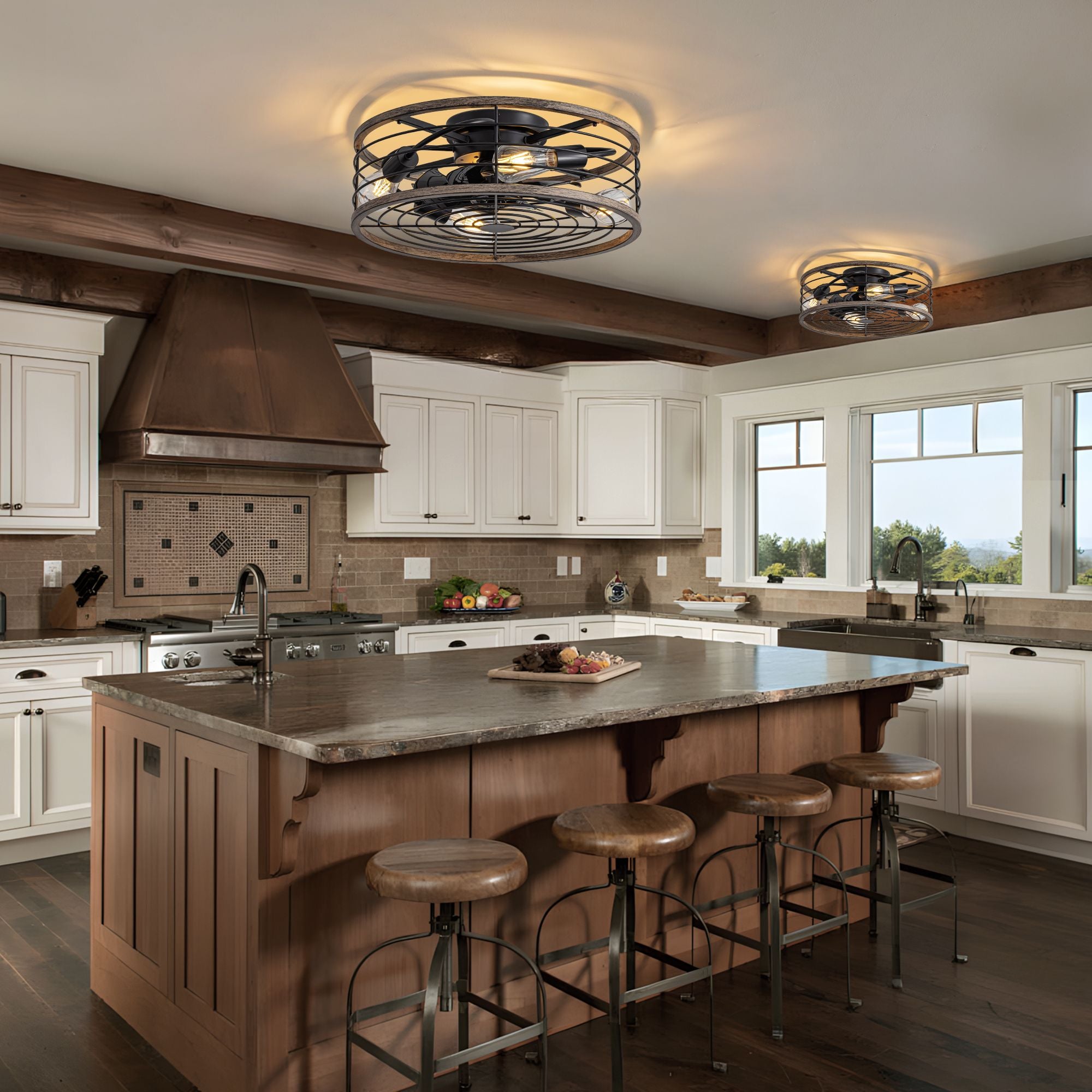 Aerux ceiling fan in rustic kitchen — stone counter island, rattan bar stools, white cabinets, copper hood, natural light, efficient airflow over cooking area | Sofary Lighting