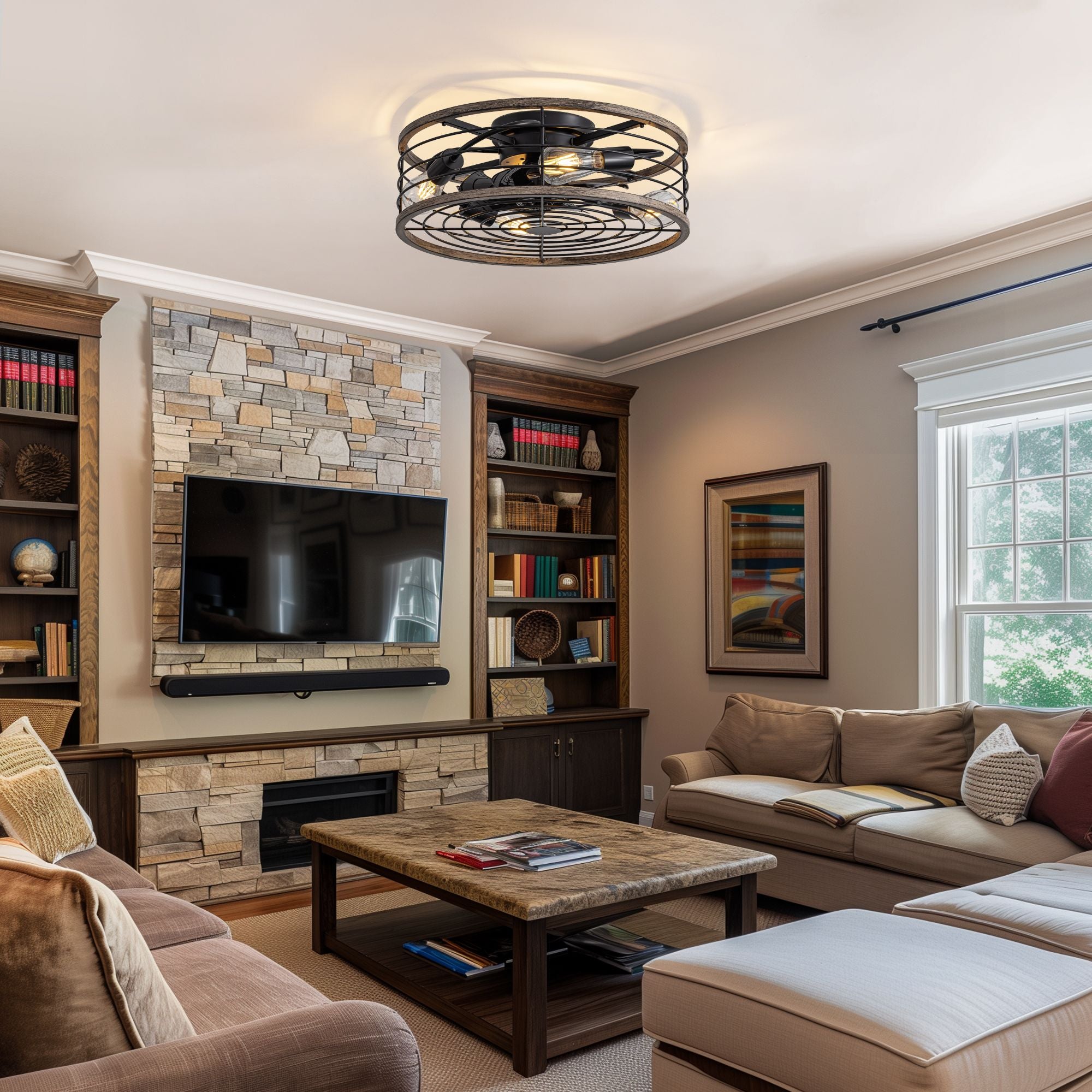 Aerux ceiling fan in modern living room — stone fireplace TV wall, dark wood bookshelf, beige sectional sofa, warm Edison bulb glow, cozy farmhouse-industrial ambiance | Sofary Lighting
