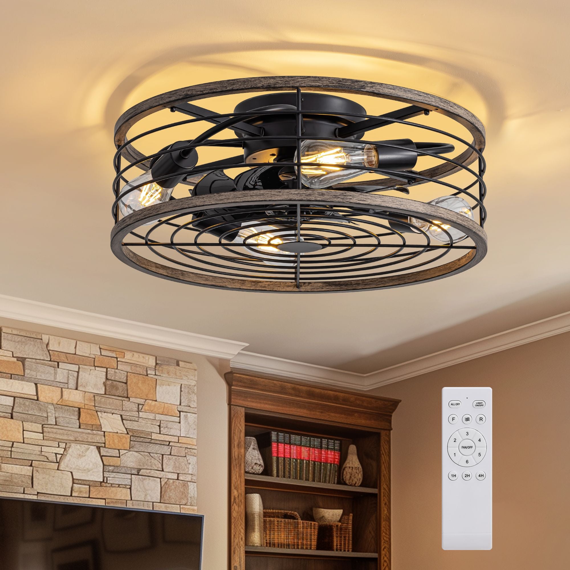 Aerux 20" modern light blue low profile ceiling fan with color-changing LED light — remote control, Edison-style bulbs, flush mount, quiet DC motor for bedroom living room kitchen | Sofary Lighting