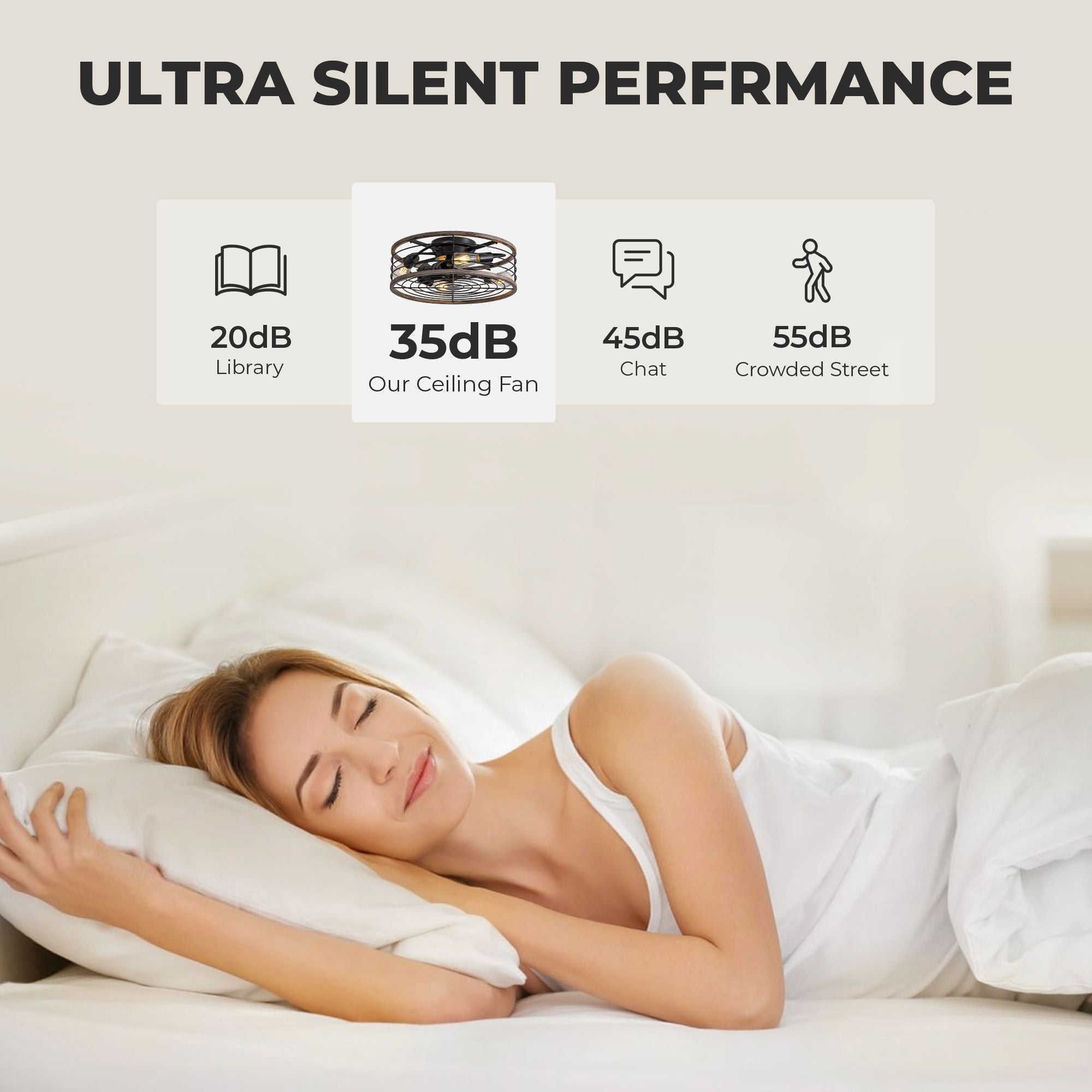 Aerux ultra-quiet performance at 35dB — quieter than a library (20dB reference), ideal for light sleepers, bedroom comfort, peaceful rest with remote-controlled convenience | Sofary Lighting