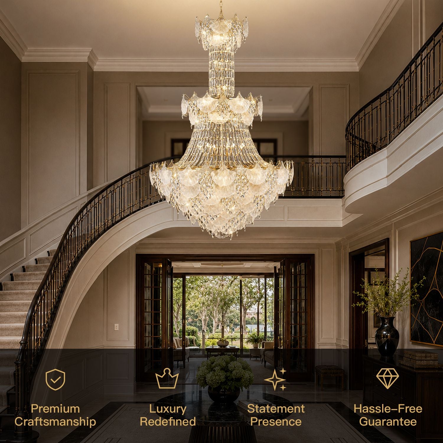 Aerux Gold Crystal Chandelier key features — Premium Craftsmanship, Luxury Redefined, Statement Presence, Hassle-Free Guarantee, luxury estate interior | Sofary Lighting