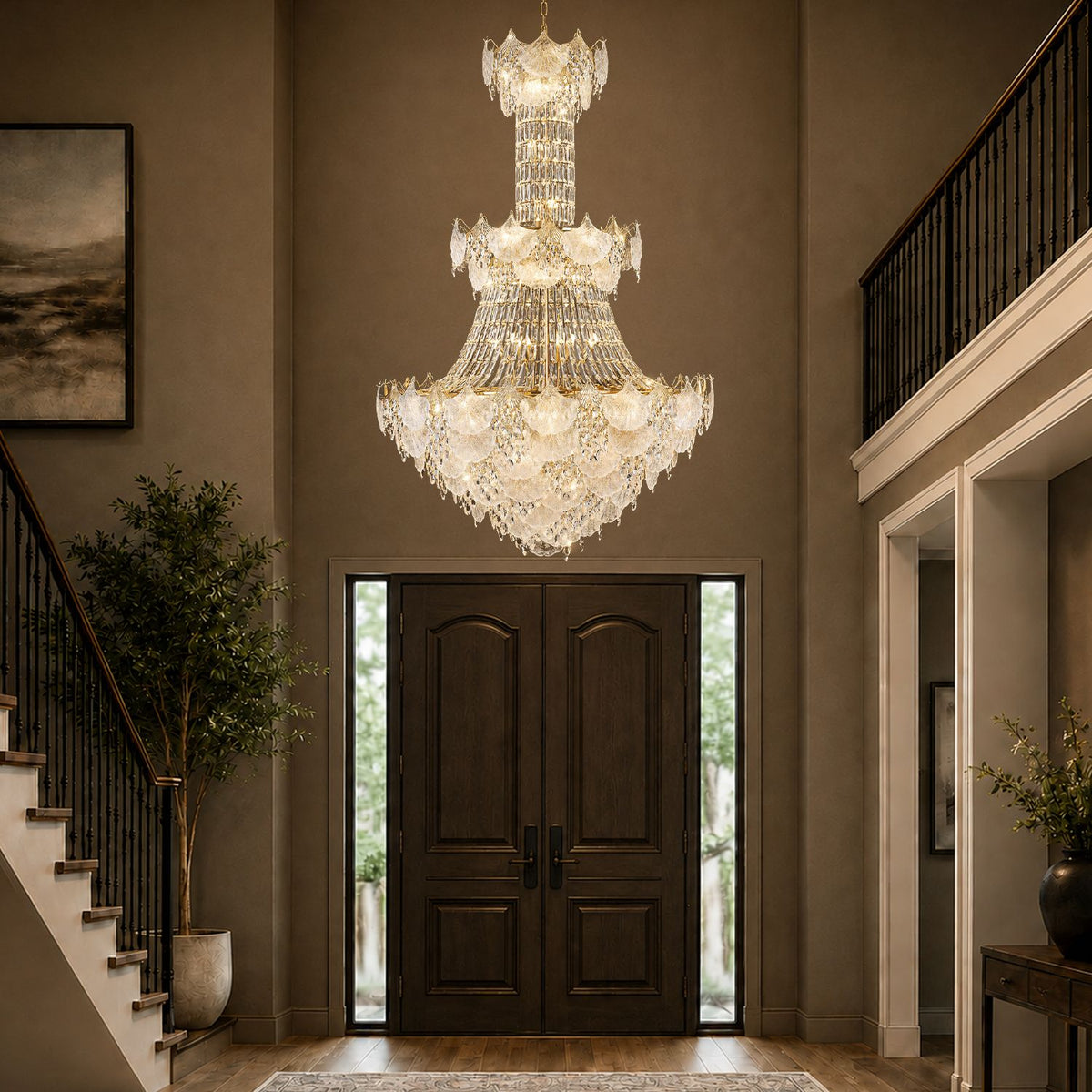 Aerux Crystal Chandelier in luxury foyer — double doors, marble floor, tall green plants, grand entrance with warm crystal glow | Sofary Lighting