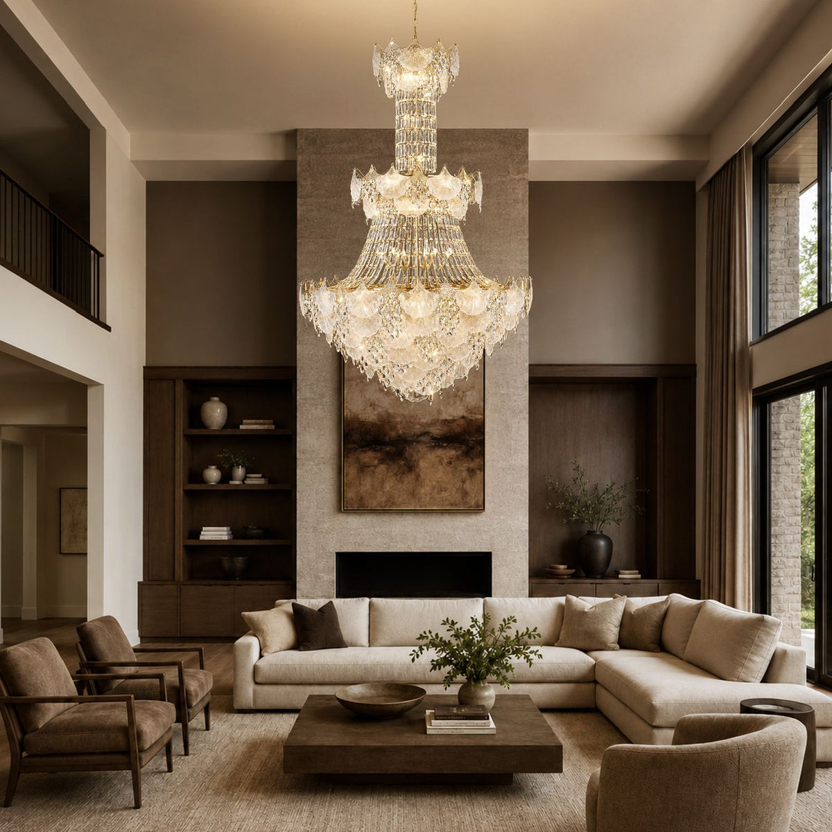 Aerux Crystal Chandelier in double-height living room — L-shaped sofa, stone fireplace, abstract wall art, tall windows, luxury natural light | Sofary Lighting