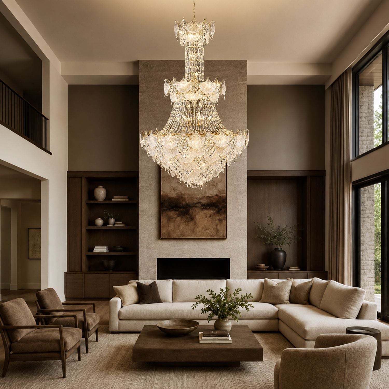 Aerux Crystal Chandelier in double-height living room — L-shaped sofa, stone fireplace, abstract wall art, tall windows, luxury natural light | Sofary Lighting