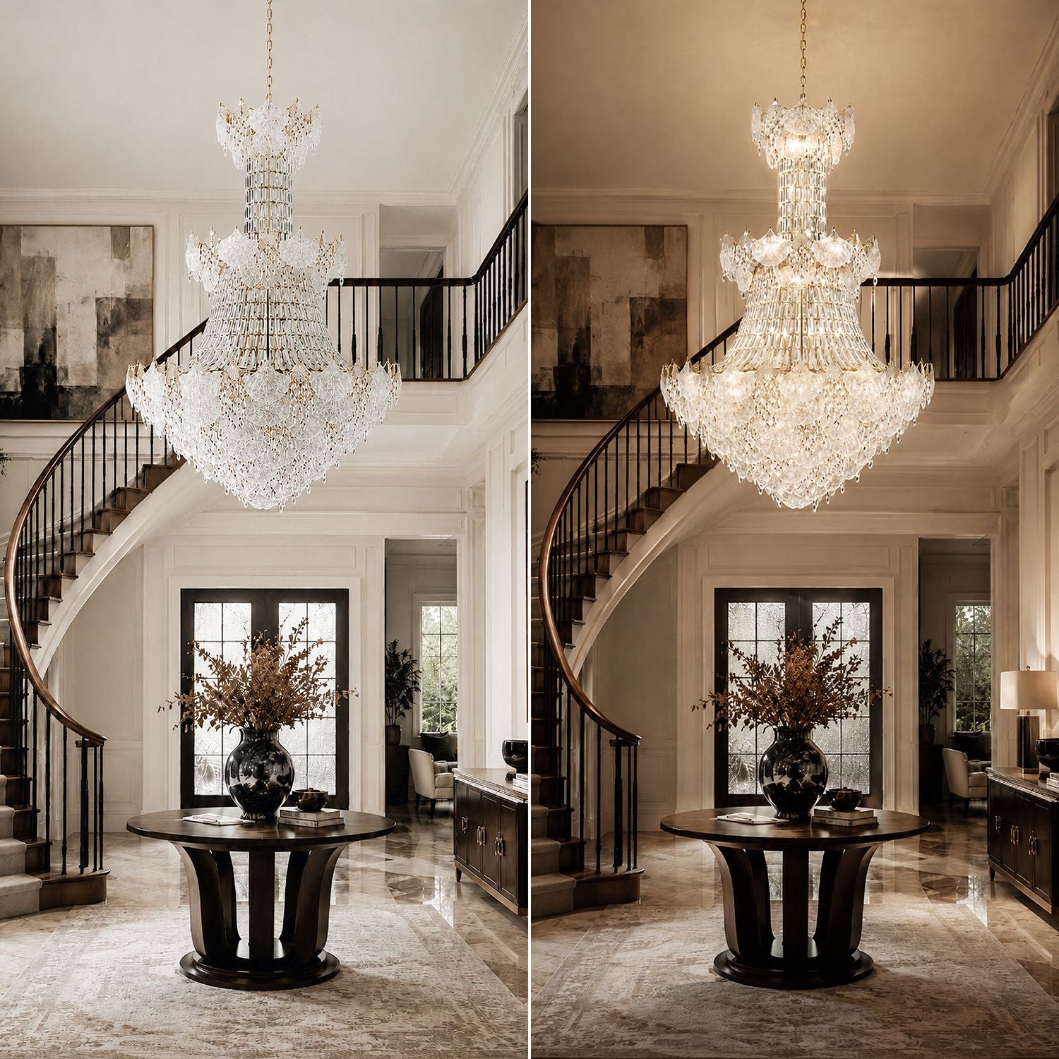 Aerux Crystal Chandelier light on vs off — left cool daylight effect, right warm glow, tiered crystal refraction, grand foyer console table scene | Sofary Lighting