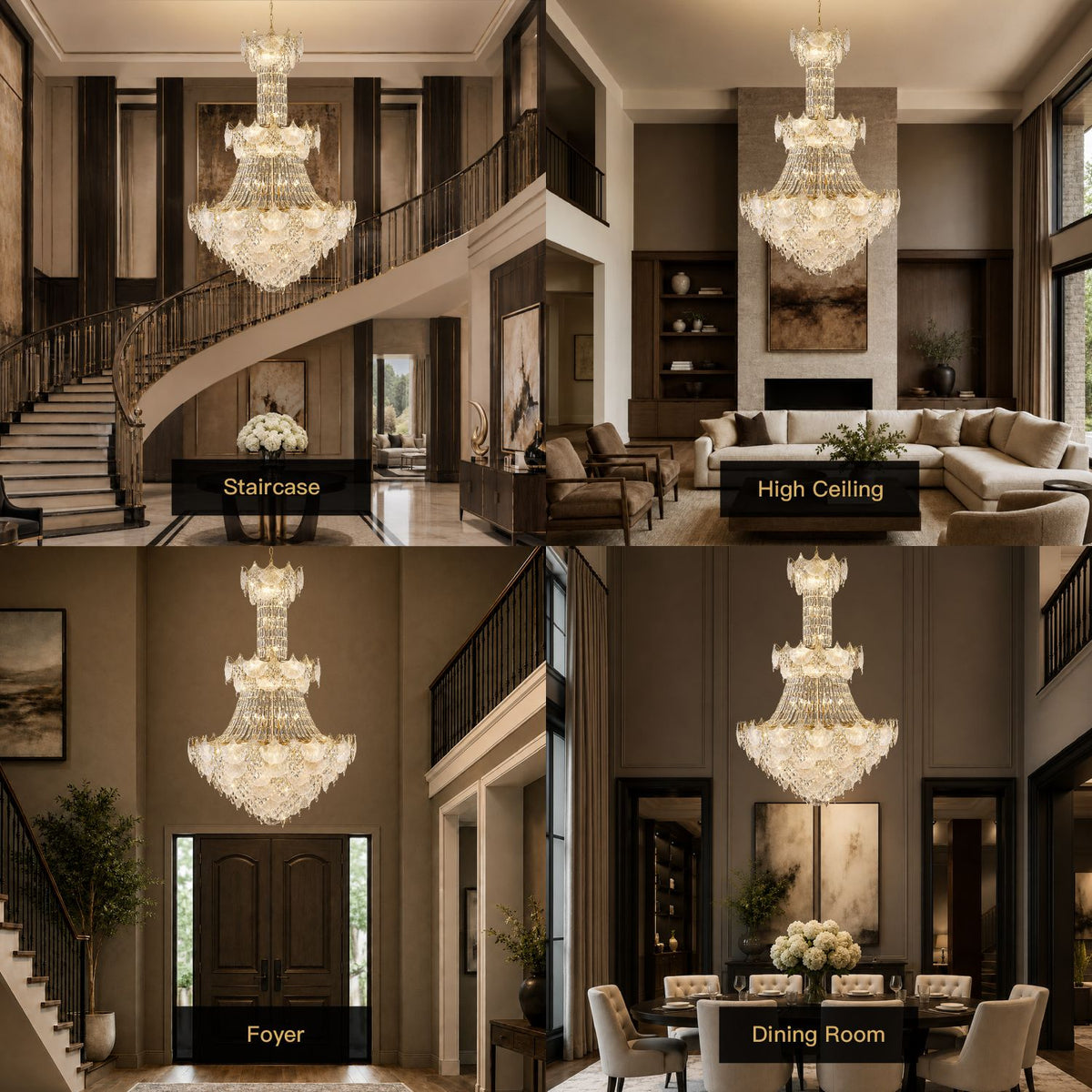 Aerux Grand Crystal Chandelier in 4 luxury settings — Staircase, High Ceiling, Foyer, Dining Room — versatile modern elegance for grand estates | Sofary Lighting
