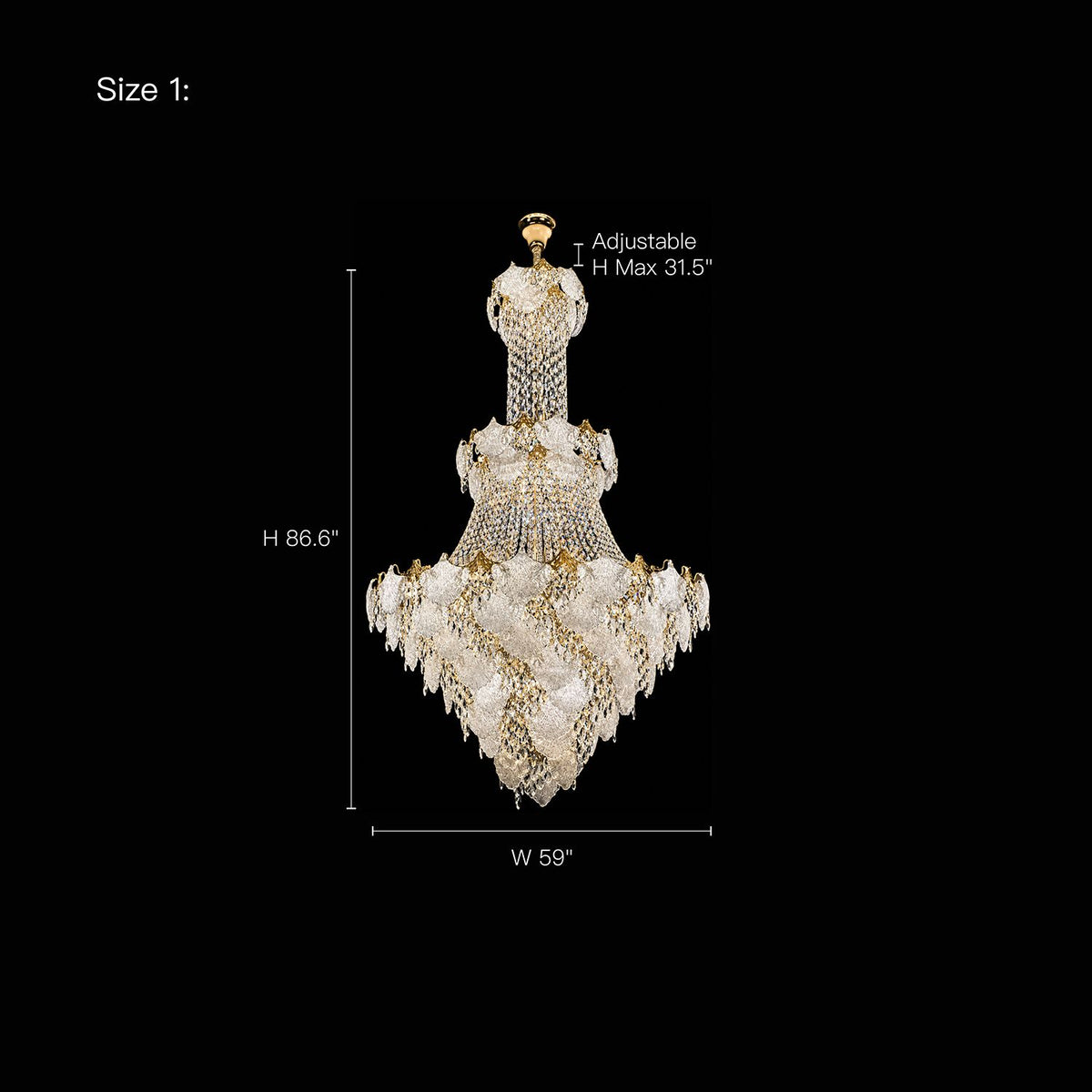 Aerux Grand Modern Gold Crystal Chandelier Size 1 dimensions — H 86.6", W 59", adjustable hanging chain/rod max H 31.5", tiered K9 crystal and gold frame, grand foyer stairwell scale | Sofary Lighting