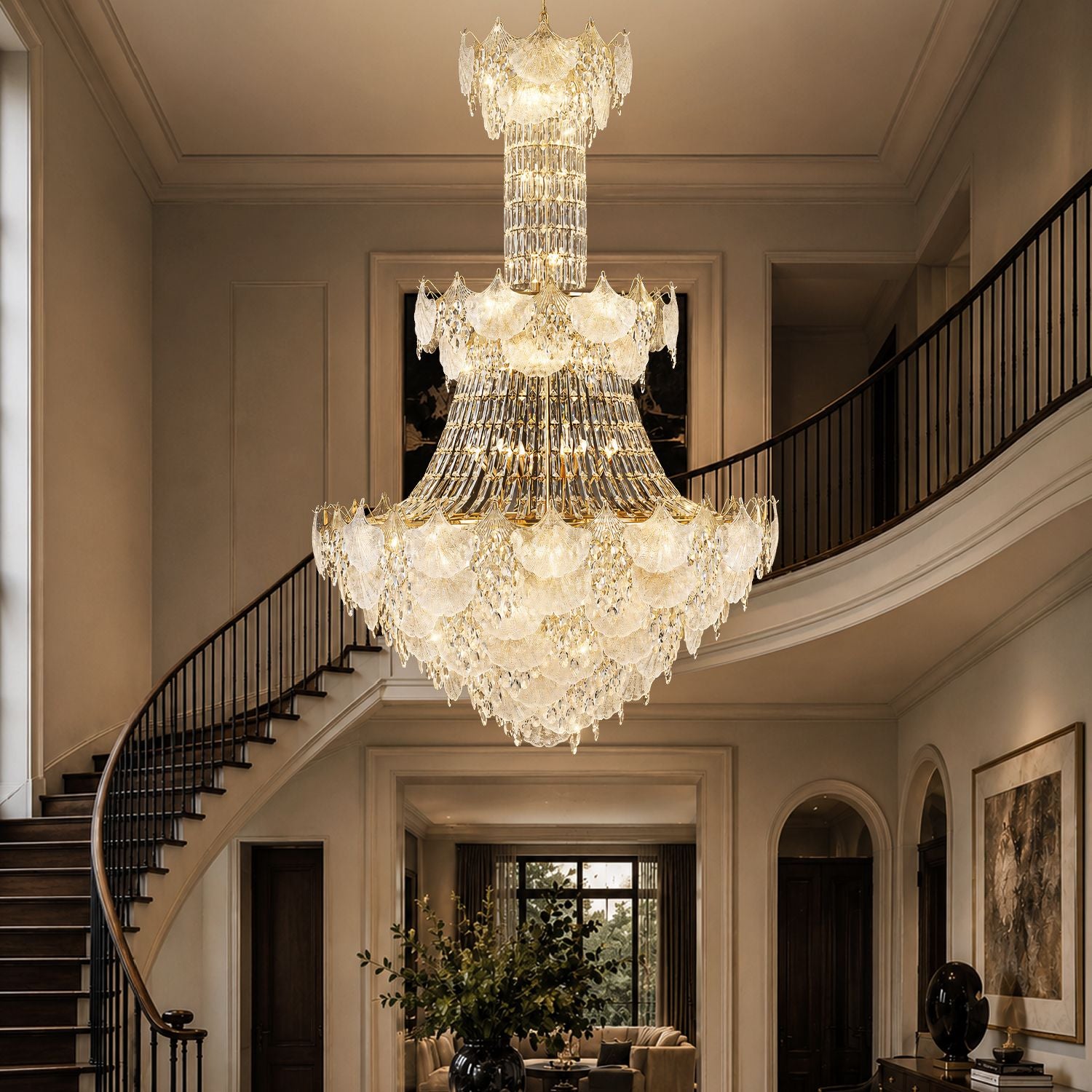 Aerux Grand Modern Gold Crystal Chandelier — tiered cascading K9 crystals, gold metal frame, warm glow, luxury foyer with staircase and double-height ceiling | Sofary Lighting