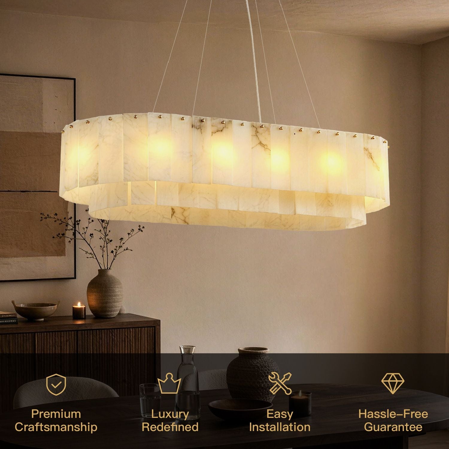 Aethel Modern Natural Alabaster Linear Chandelier key features: Premium Craftsmanship, Luxury Redefined, Easy Installation, Hassle-Free Guarantee — displayed over a dining table with dried floral decor | Sofary Lighting