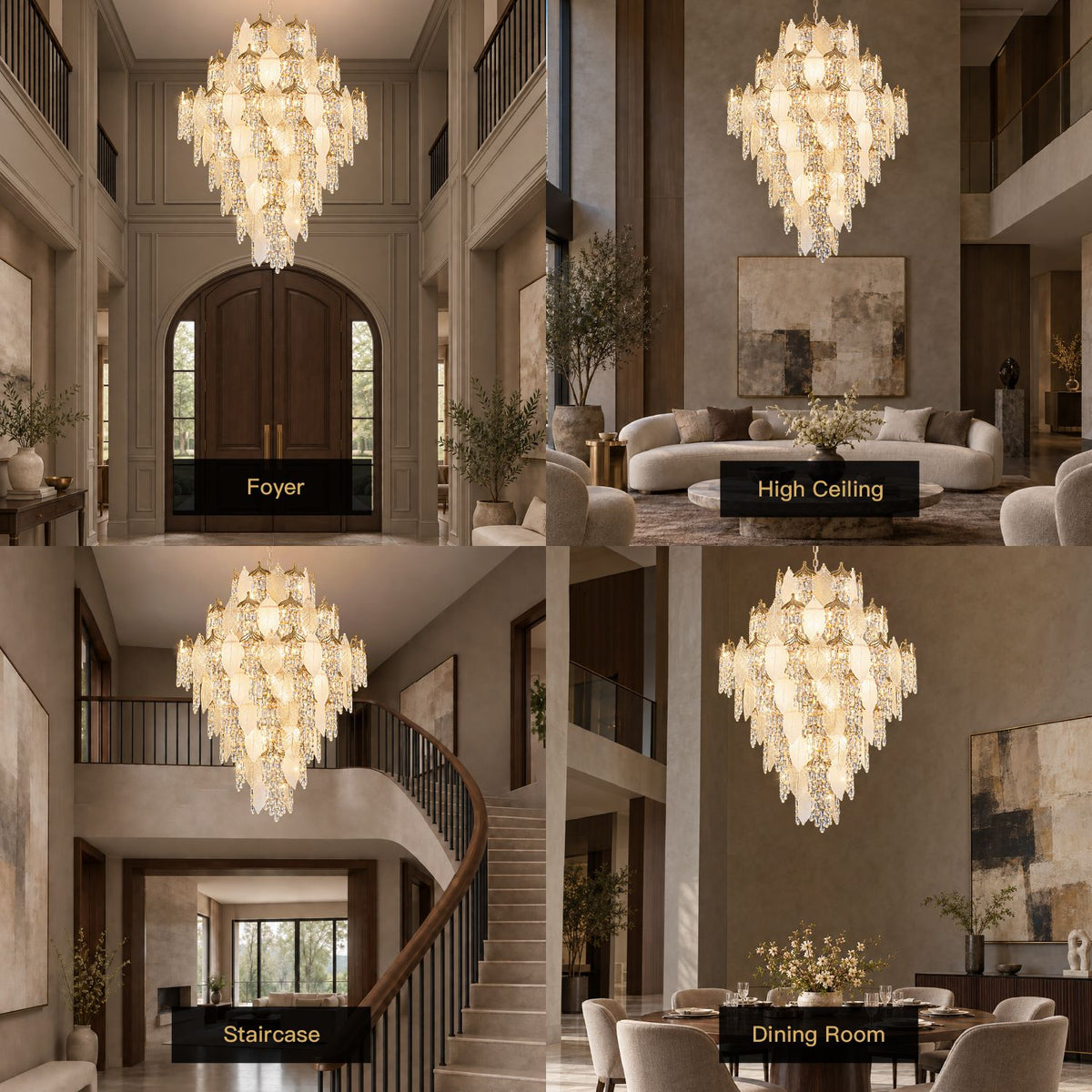 Aevum Cascading Crystal Chandelier in 4 luxury settings — Foyer, High Ceiling Living Room, Staircase, Dining Room — grand tiered gold and crystal statement lighting | Sofary Lighting