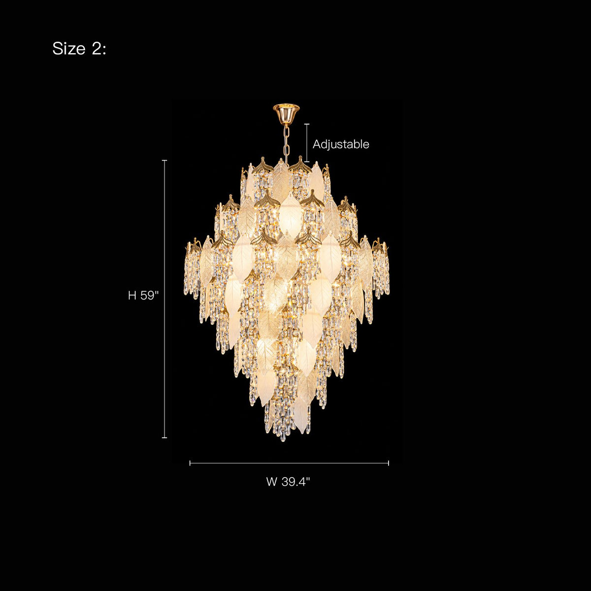 Aevum Grand Cascading Gold K9 Crystal Chandelier Size 2 dimensions — W 39.4" (100cm), H 59" (150cm), adjustable chain/cord, larger tiered gold leaf and K9 crystal cascading design, black background specification | Sofary Lighting